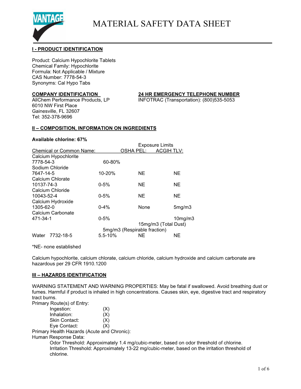 VANTAGE Calcium Hypochlorite Tablets