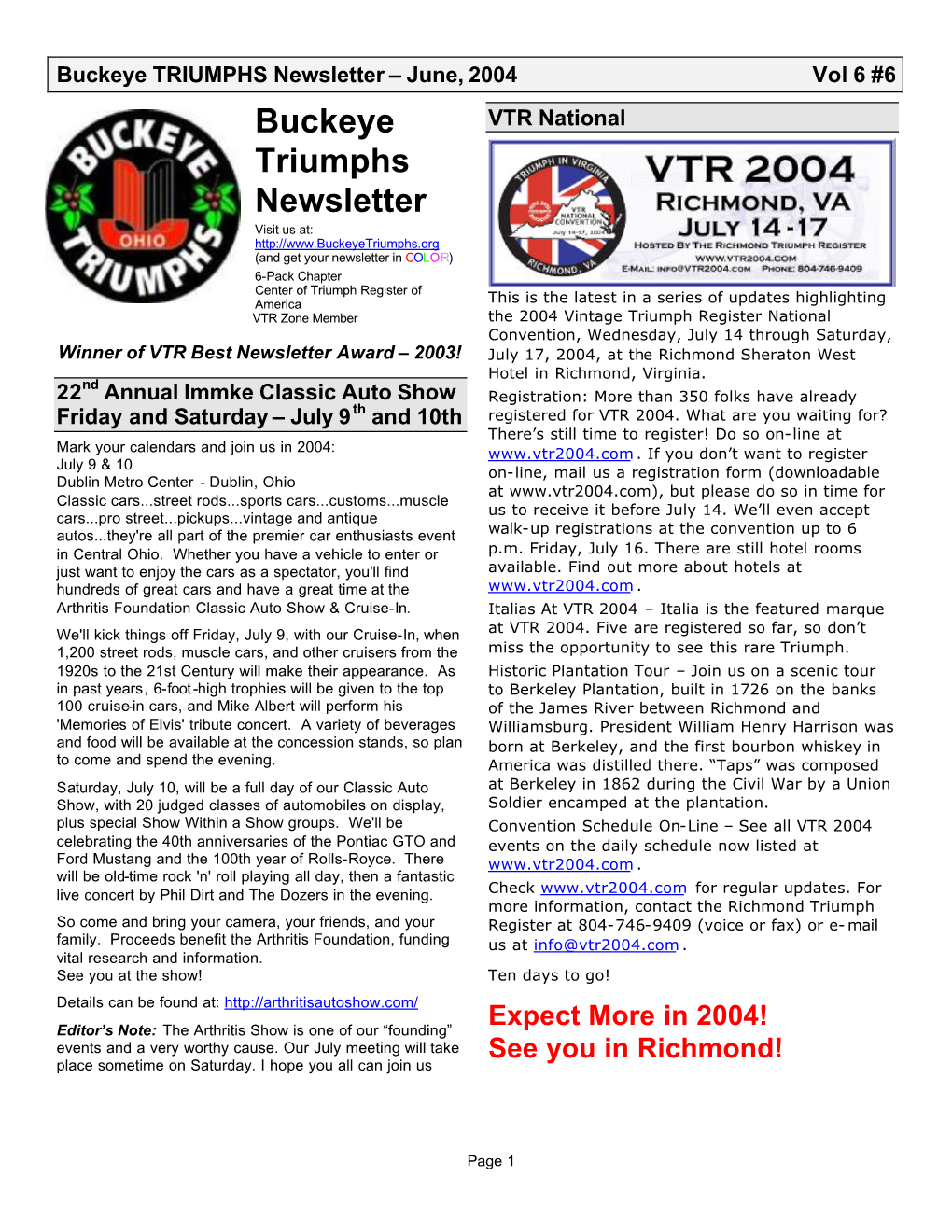 Buckeye TRIUMPHS Newsletter – June, 2004 Vol 6 #6