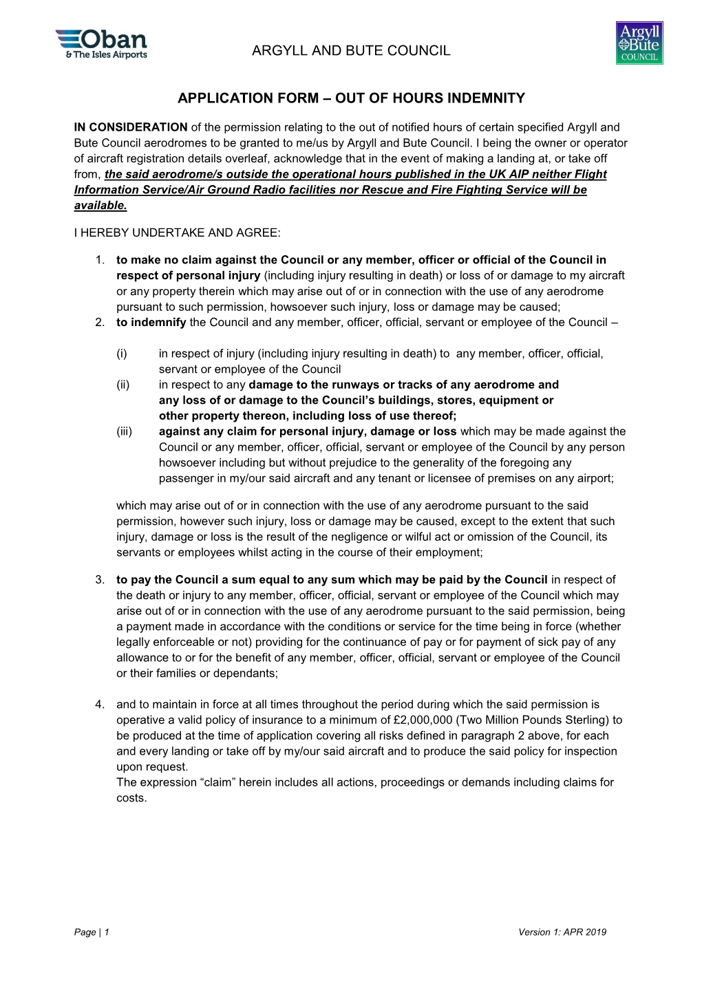 Out of Hours Annual Indemnity Permit