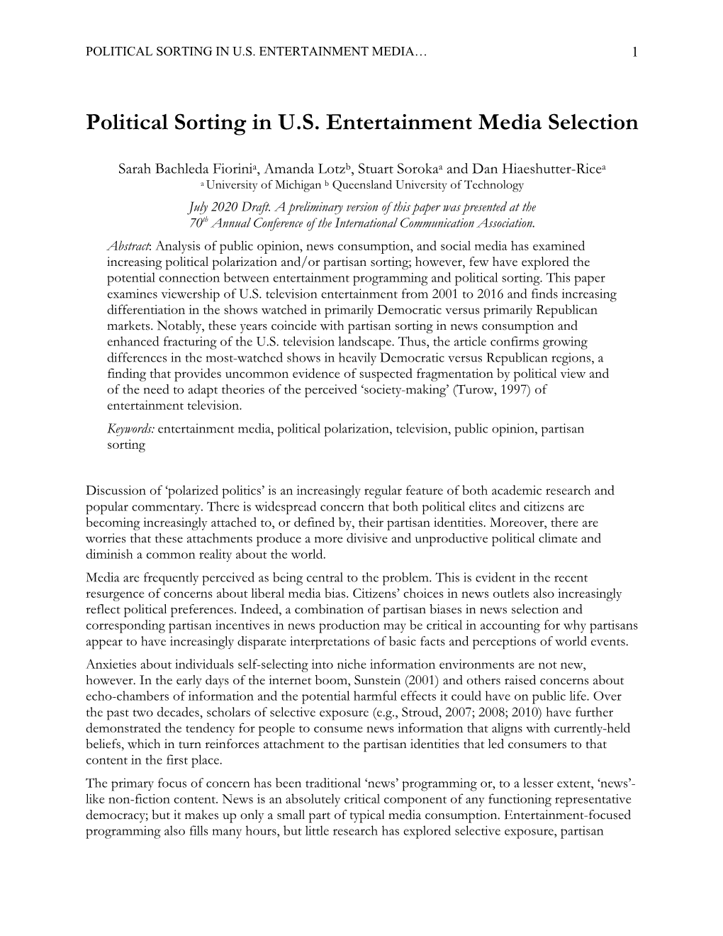 Partisan Sorting in US Entertainment