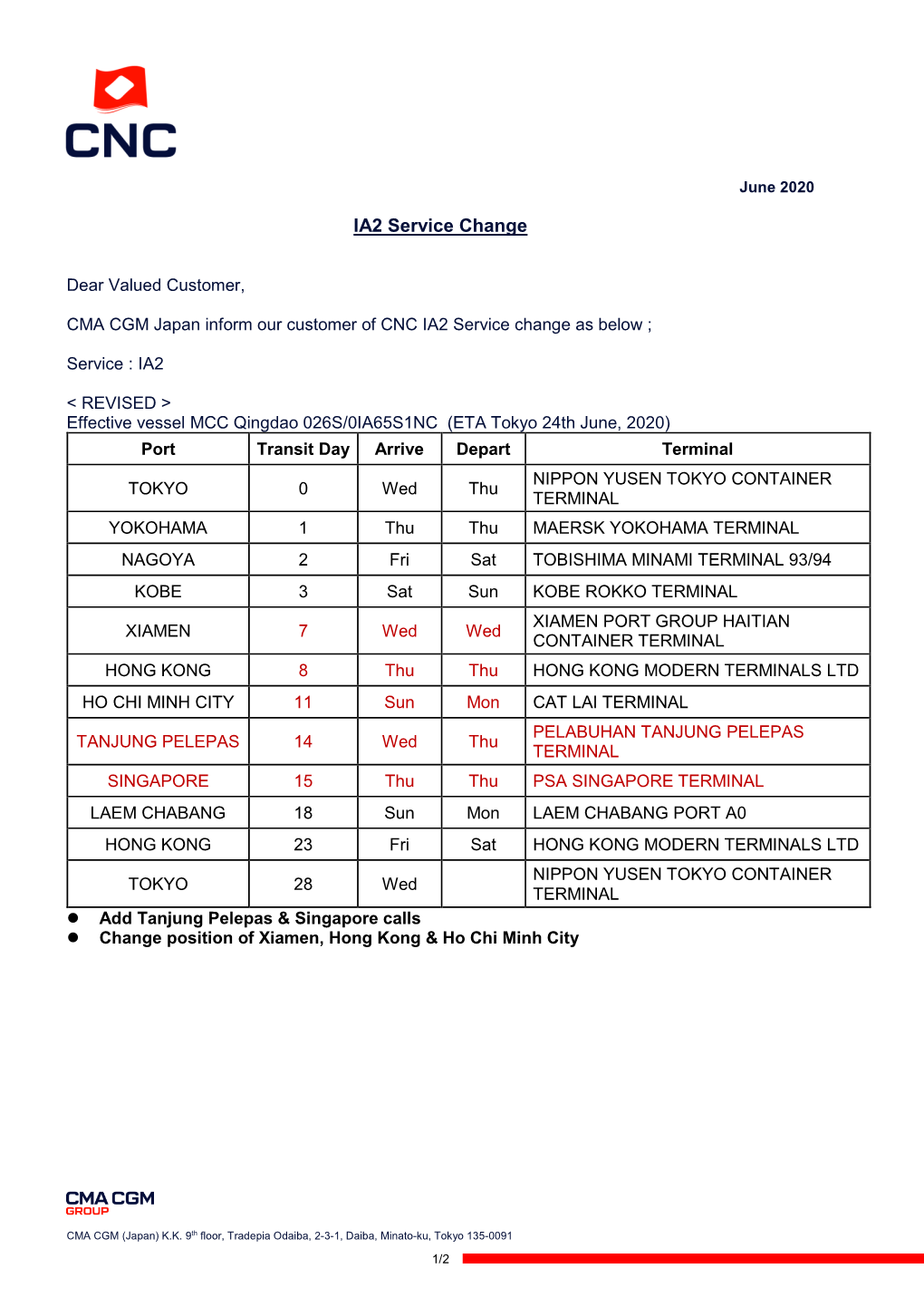 CMA CGM Japan Inform Our Customer of CNC IA2 Service Change As Below ;