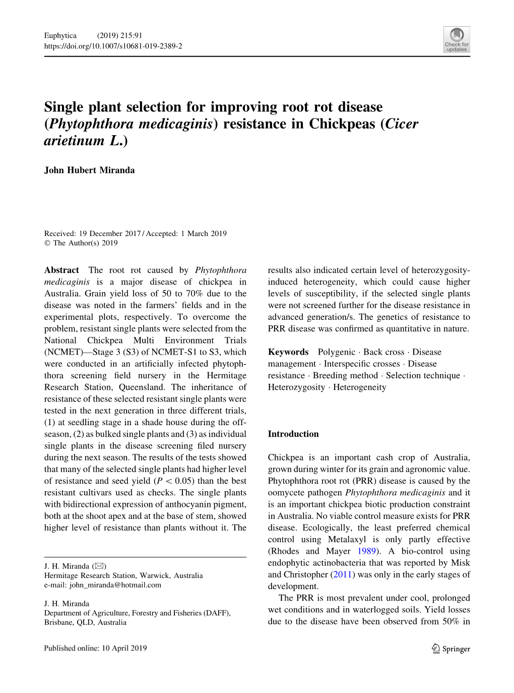 Single Plant Selection for Improving Root Rot Disease (Phytophthora Medicaginis) Resistance in Chickpeas (Cicer Arietinum L.)