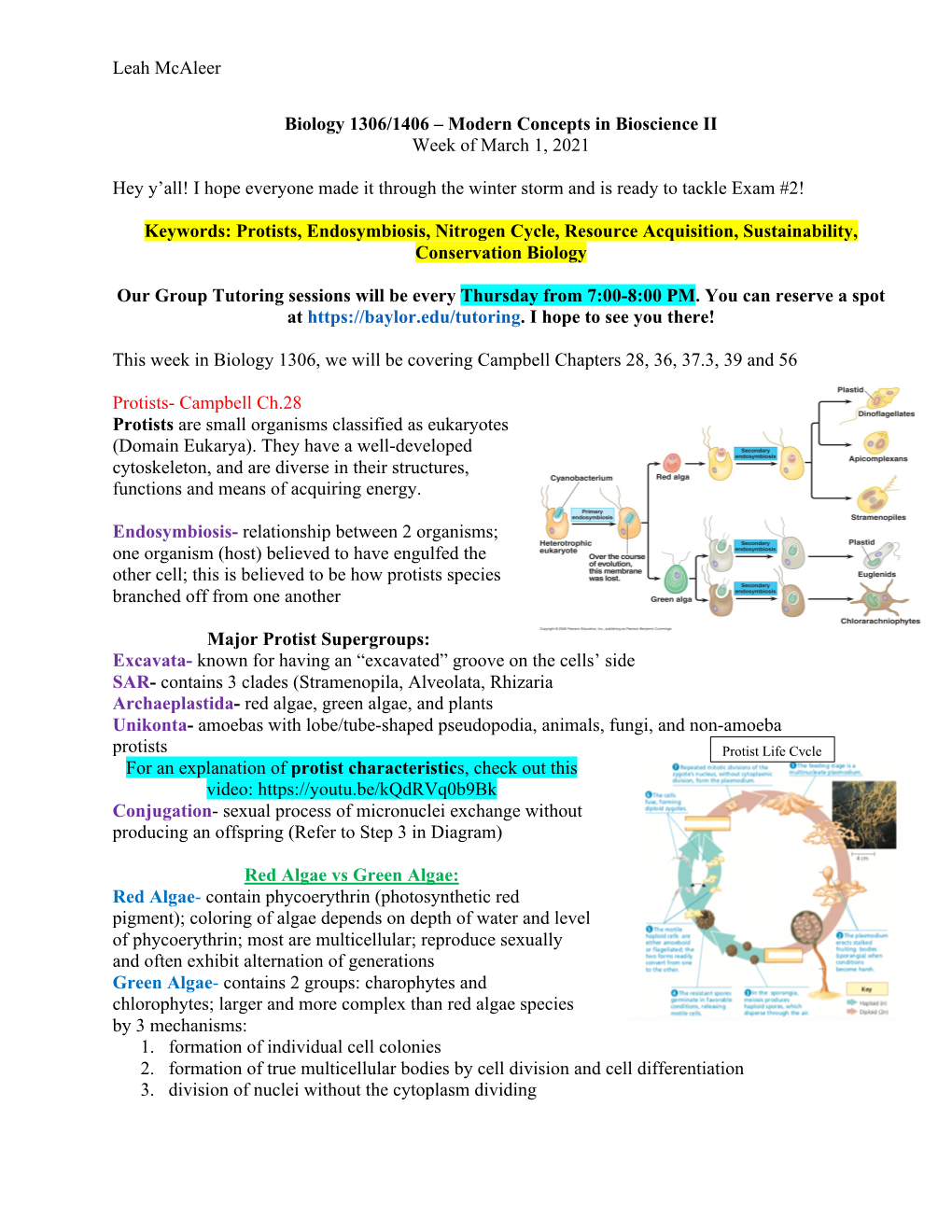 Leah Mcaleer Biology 1306/1406 – Modern Concepts in Bioscience II Week of March 1, 2021 Hey Y'all! I Hope Everyone Made It