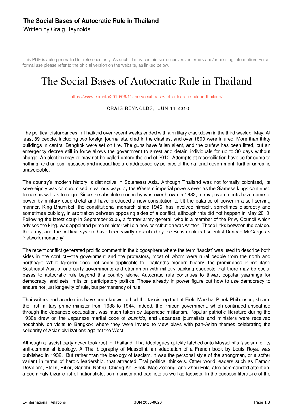 The Social Bases of Autocratic Rule in Thailand Written by Craig Reynolds