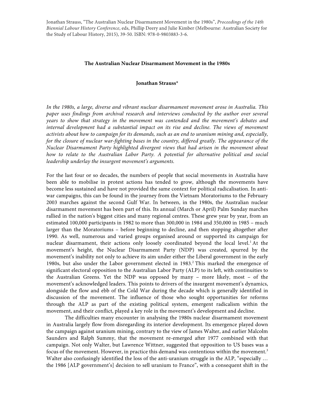 The Australian Nuclear Disarmament Movement LH Proceedings