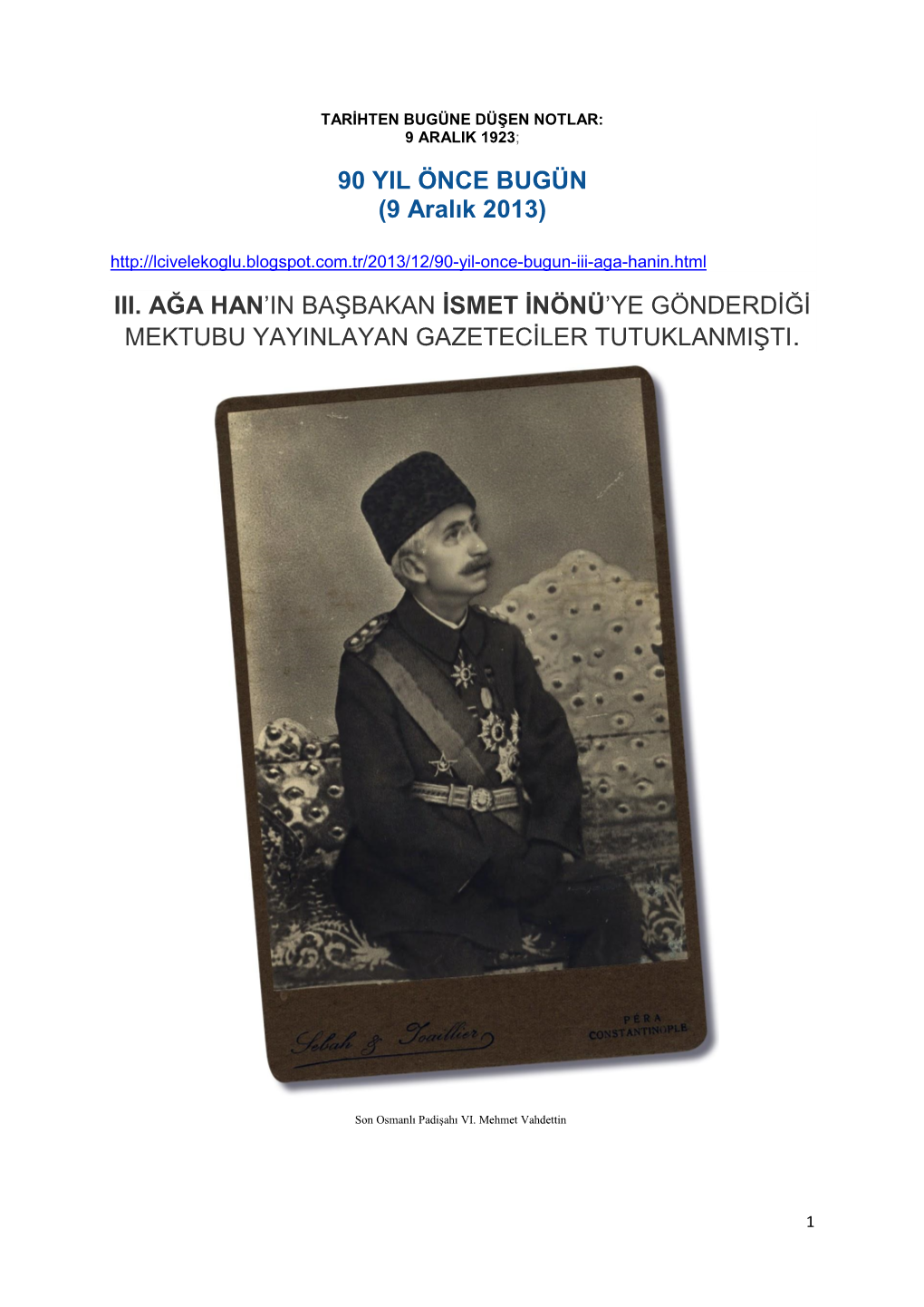 Iii. Ağa Han'in Başbakan Ismet Inönü'ye Gönderdiği