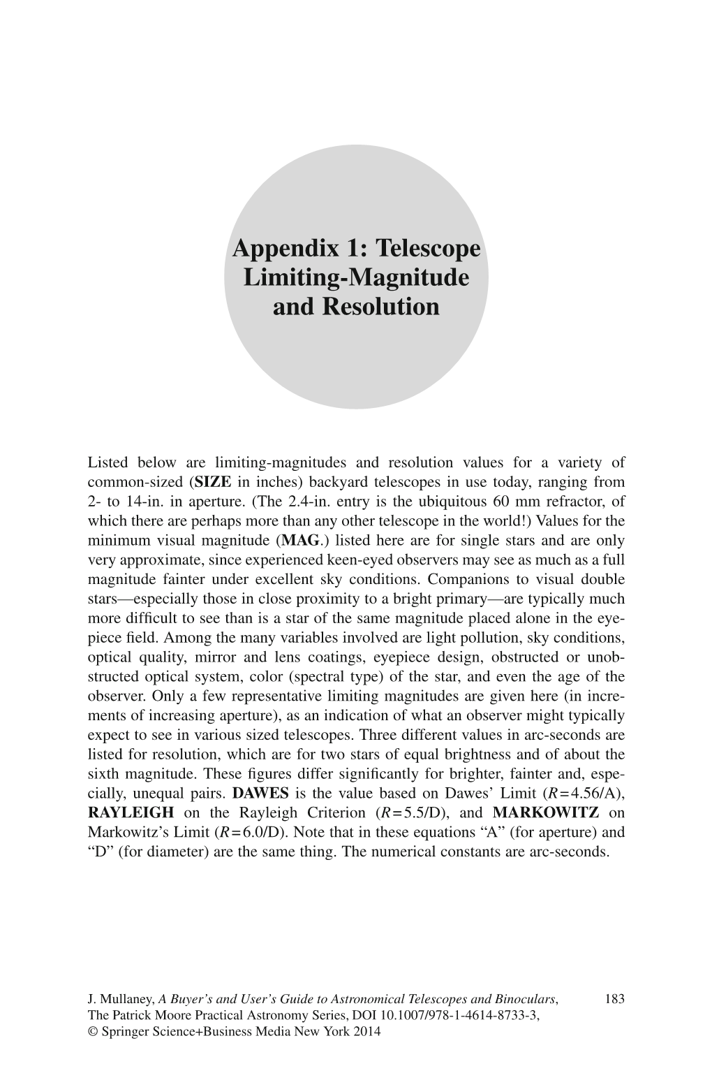 Appendix 1: Telescope Limiting-Magnitude and Resolution