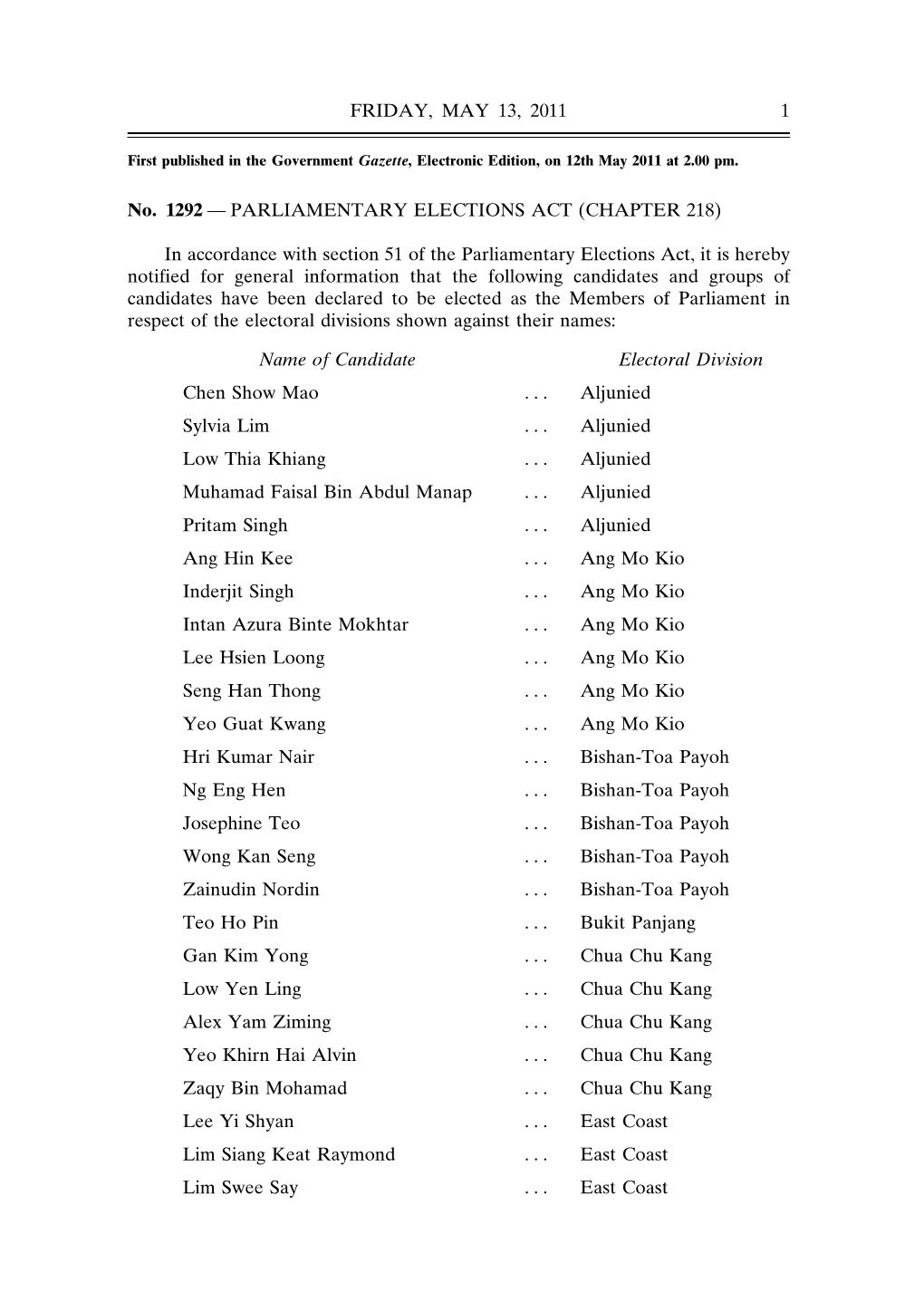 No. 1292 — PARLIAMENTARY ELECTIONS ACT (CHAPTER 218) in Accordance with Section 51 of the Parliamentary Elections Act, It Is H