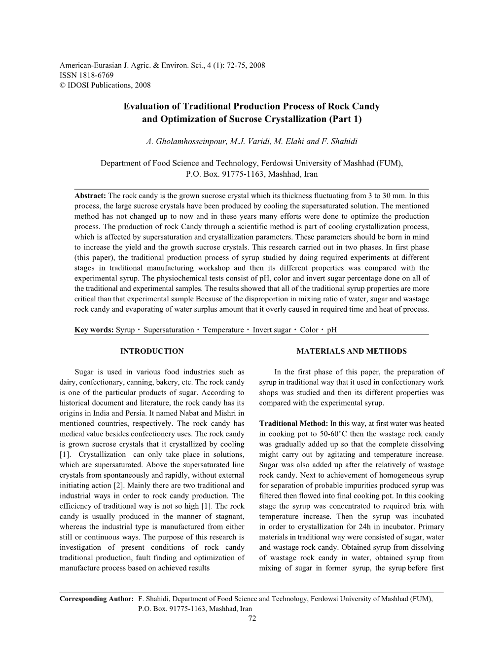 Evaluation of Traditional Production Process of Rock Candy and Optimization of Sucrose Crystallization (Part 1)