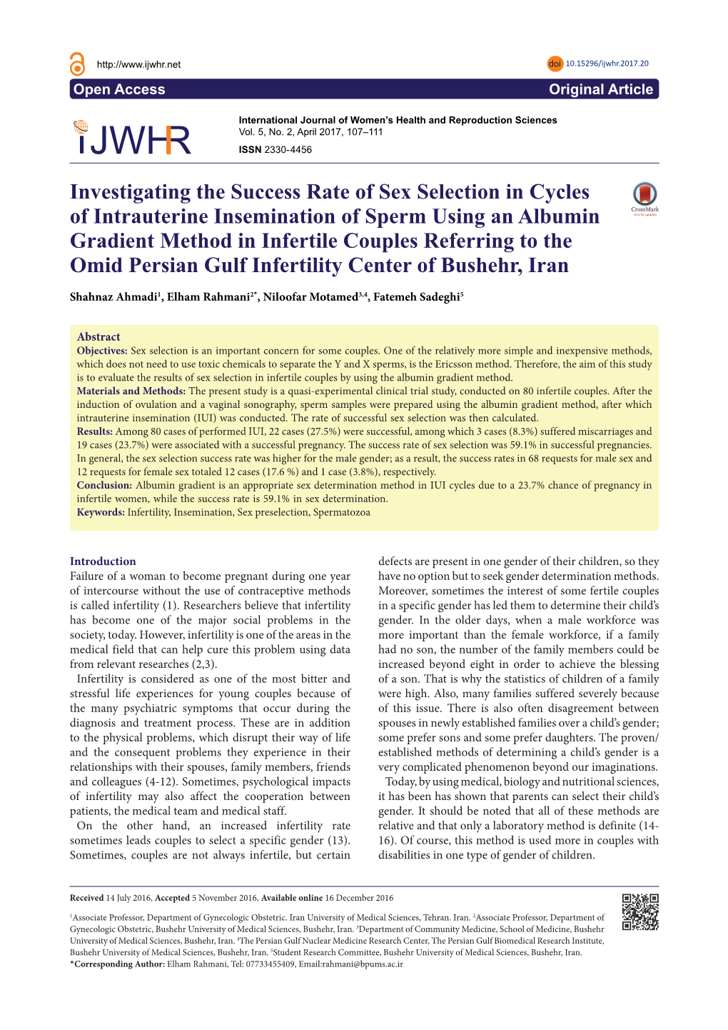 Investigating the Success Rate of Sex Selection in Cycles of Intrauterine