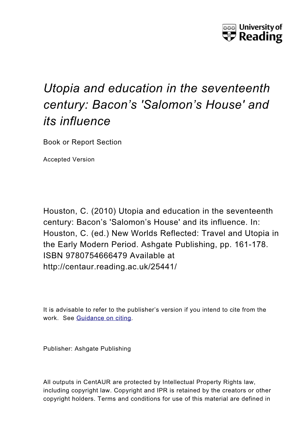 Utopia and Education in the Seventeenth Century: Bacon's