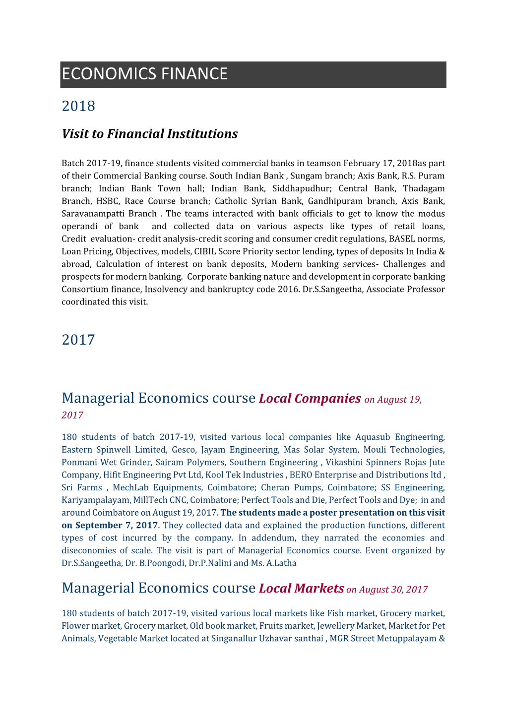 ECONOMICS FINANCE 2018 Visit to Financial Institutions