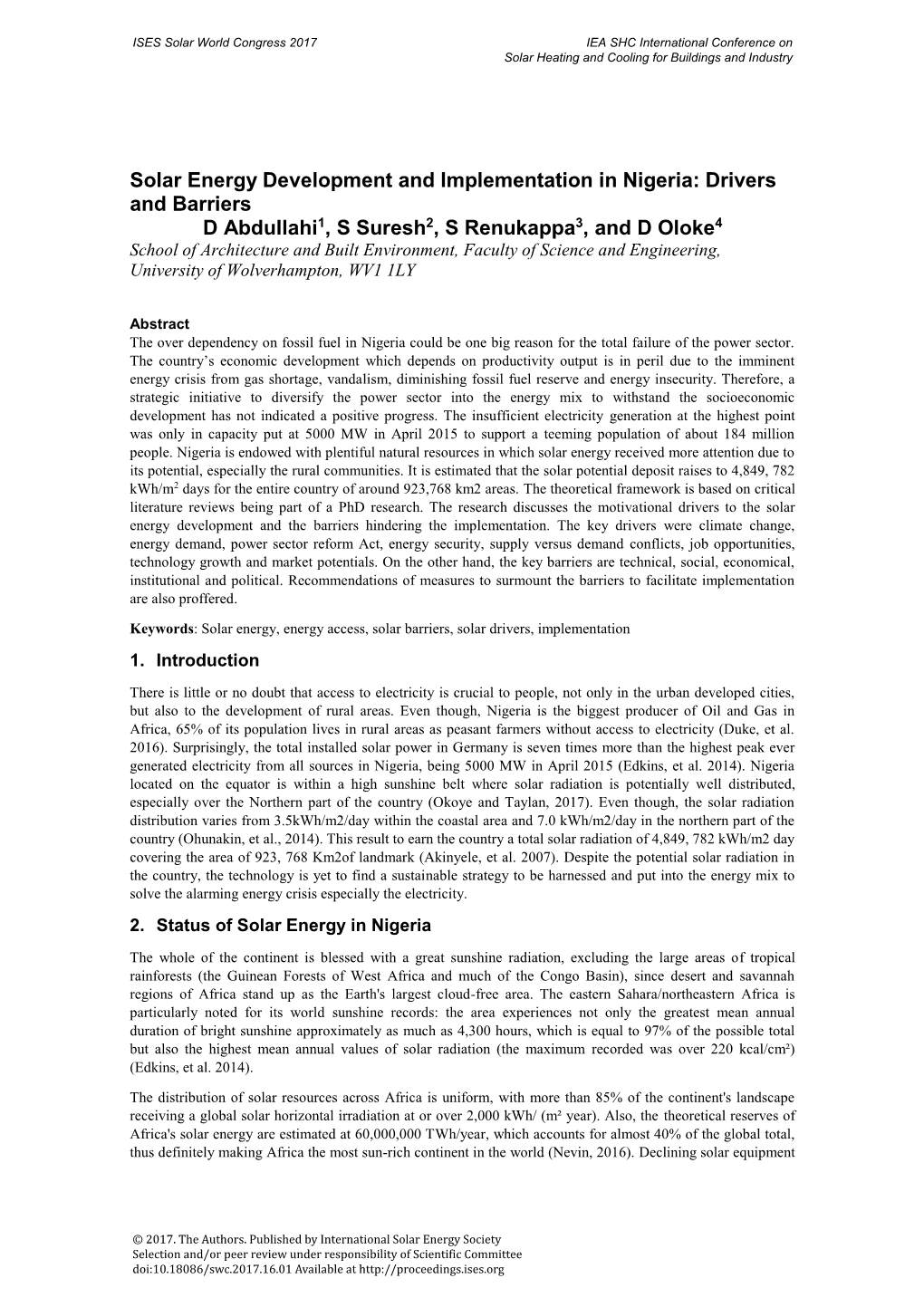 Solar Energy Development and Implementation in Nigeria: Drivers