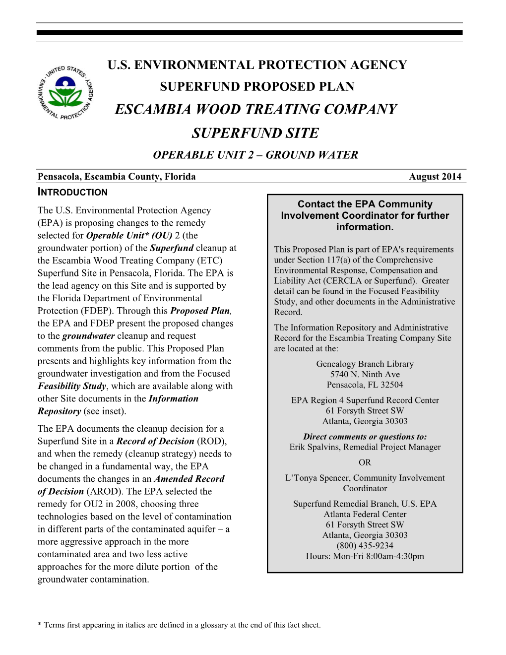 Escambia Wood Treating Company Superfund Site Operable Unit 2 – Ground Water