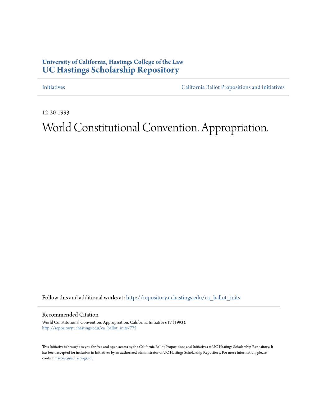 World Constitutional Convention. Appropriation