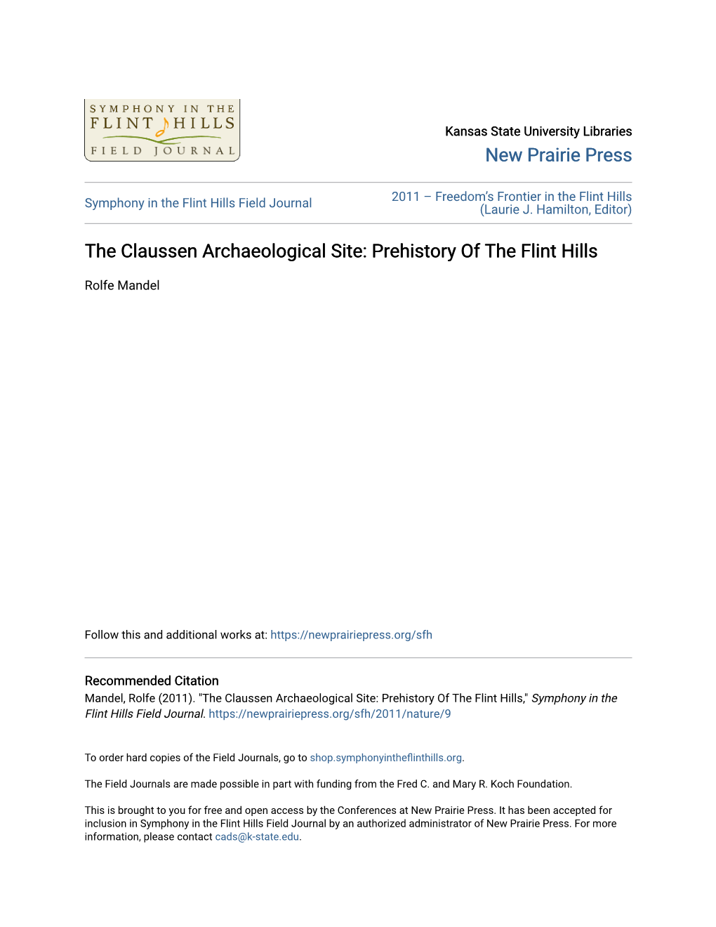 The Claussen Archaeological Site: Prehistory of the Flint Hills