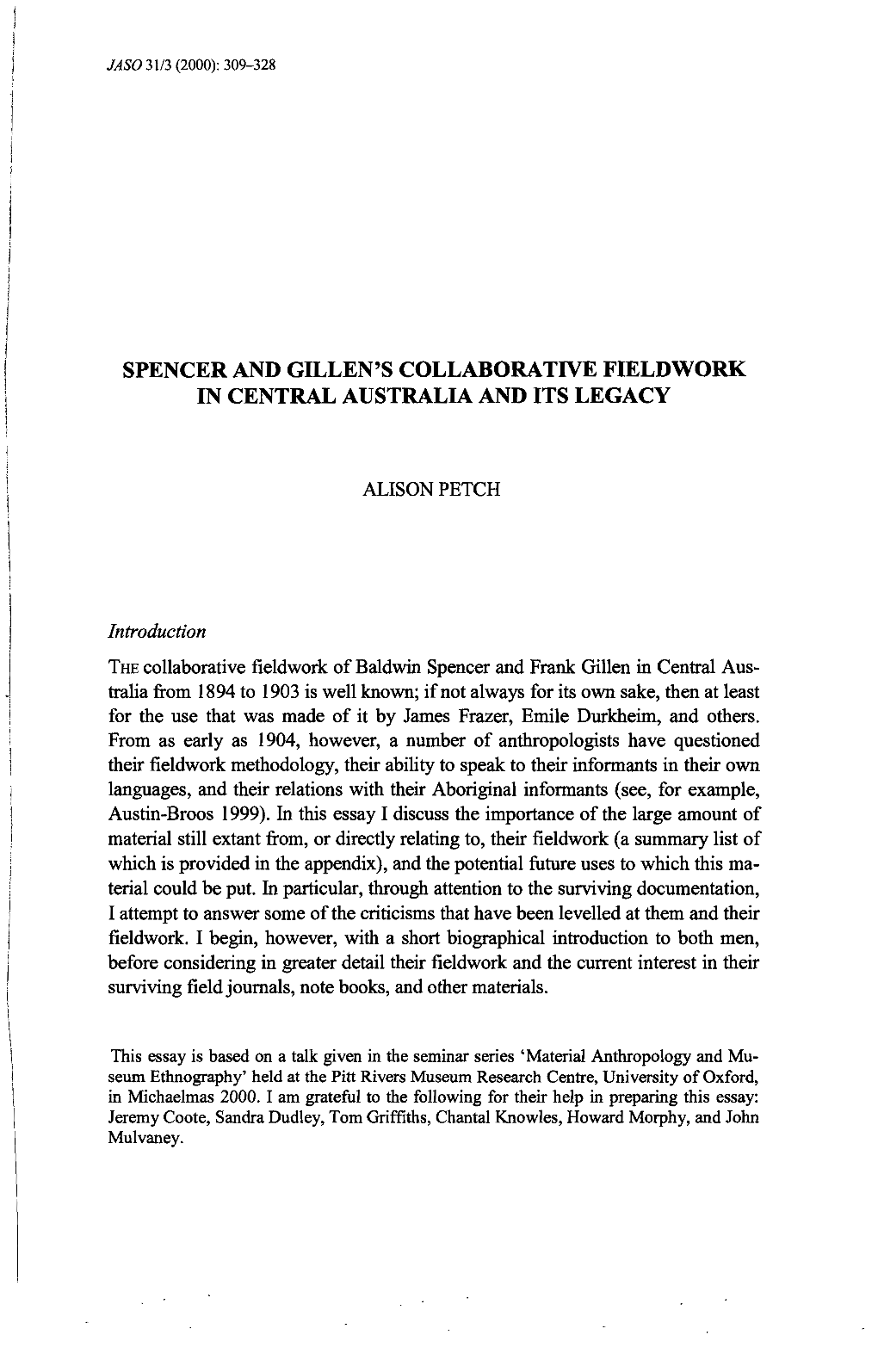 Spencer and Gillen's Collaborative Fieldwork in Central Australia and Its Legacy