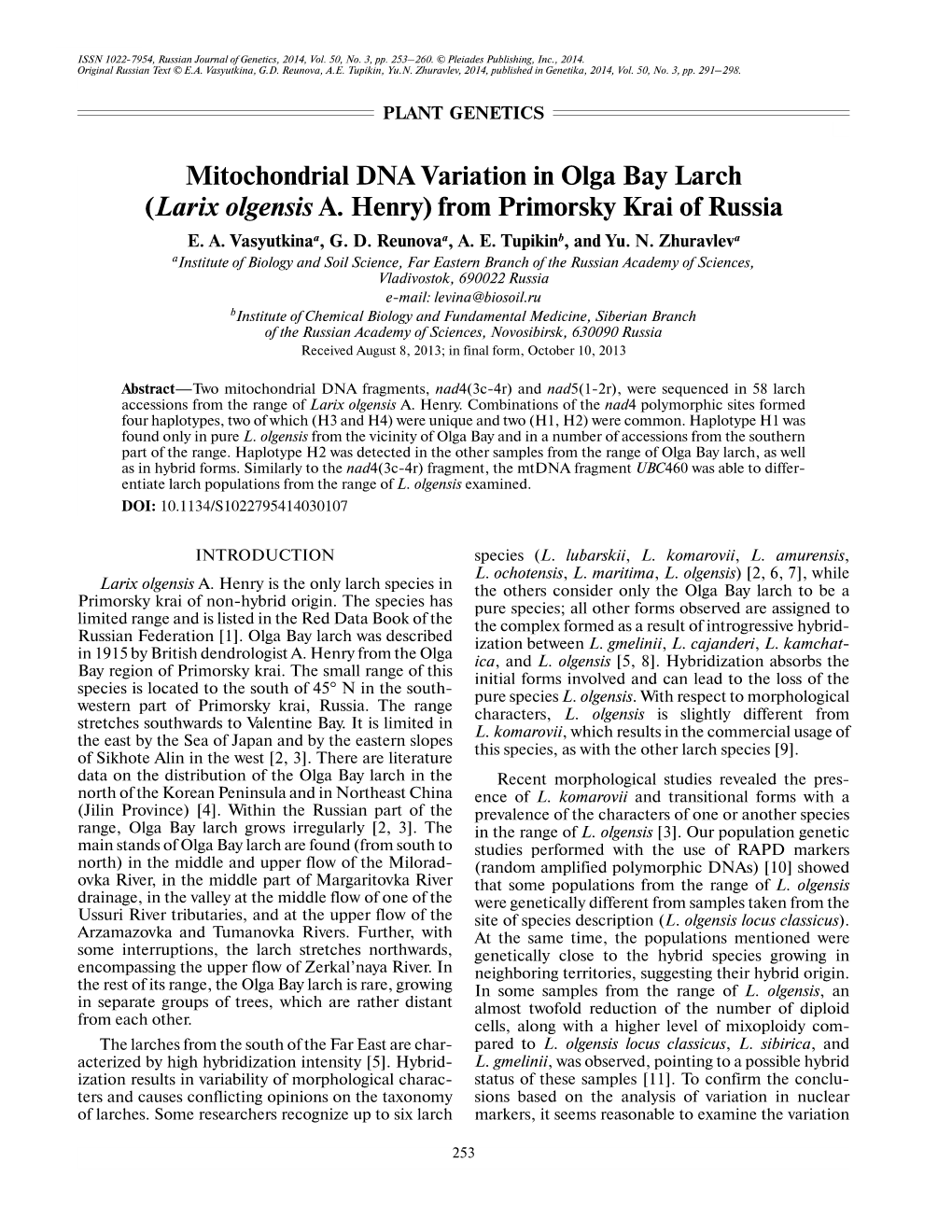 Mitochondrial DNA Variation in Olga Bay Larch (Larix Olgensis A. Henry) from Primorsky Krai of Russia E