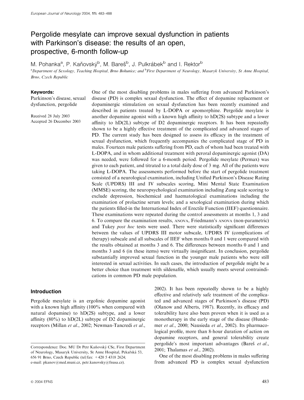 Pergolide Mesylate Can Improve Sexual Dysfunction in Patients with Parkinson’S Disease: the Results of an Open, Prospective, 6-Month Follow-Up