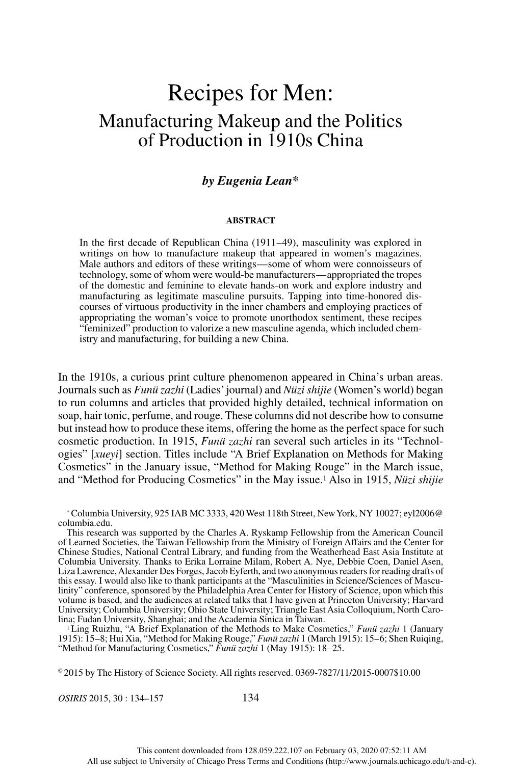 Recipes for Men: Manufacturing Makeup and the Politics of Production in 1910S China