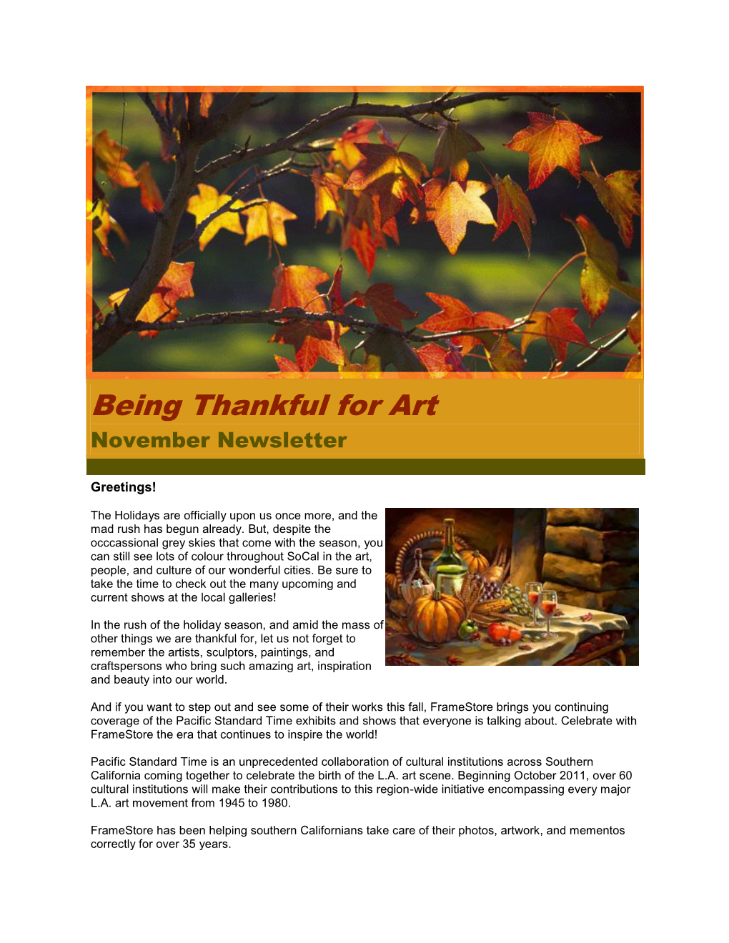 Being Thankful for Art November Newsletter