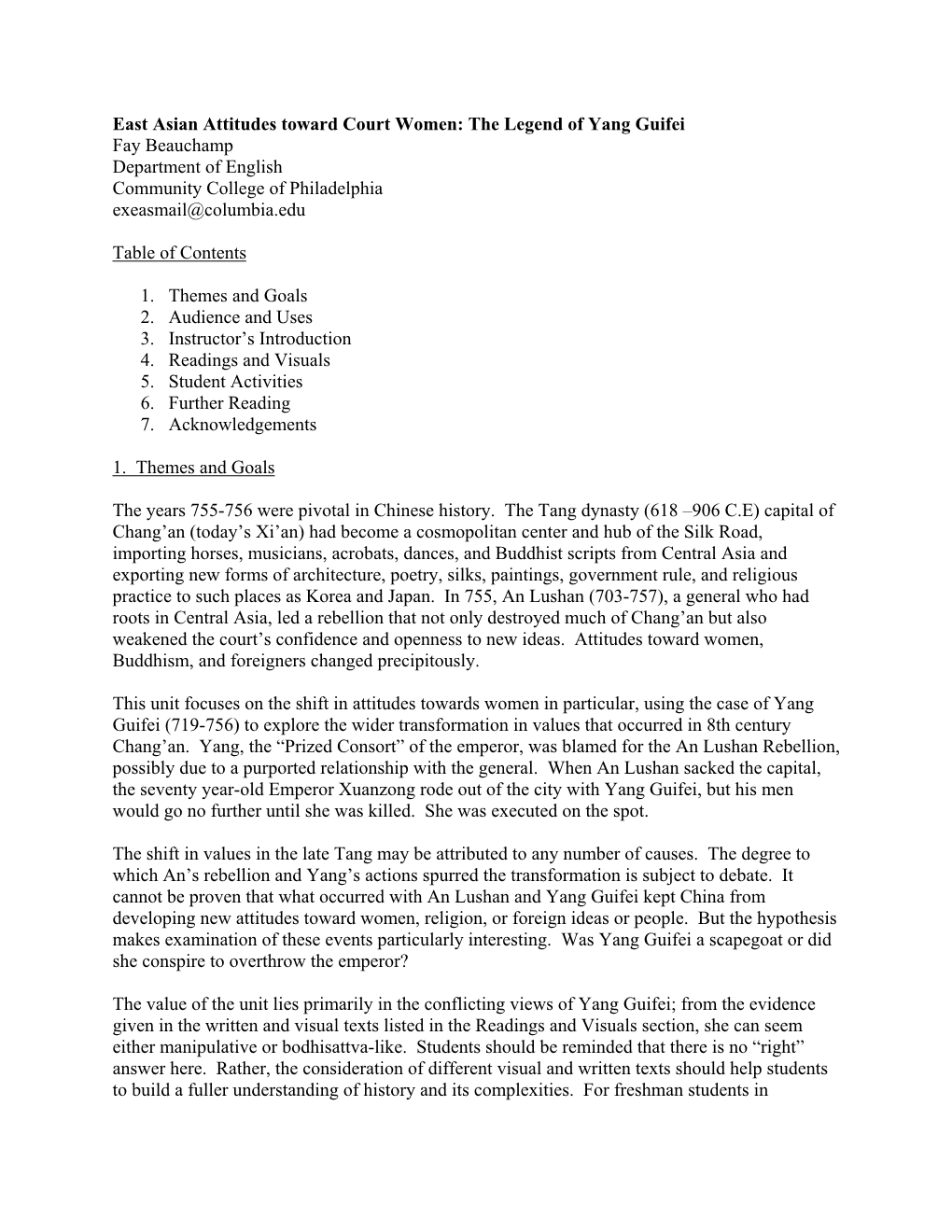 East Asian Attitudes Toward Court Women: the Legend of Yang Guifei Fay Beauchamp Department of English Community College of Philadelphia Exeasmail@Columbia.Edu