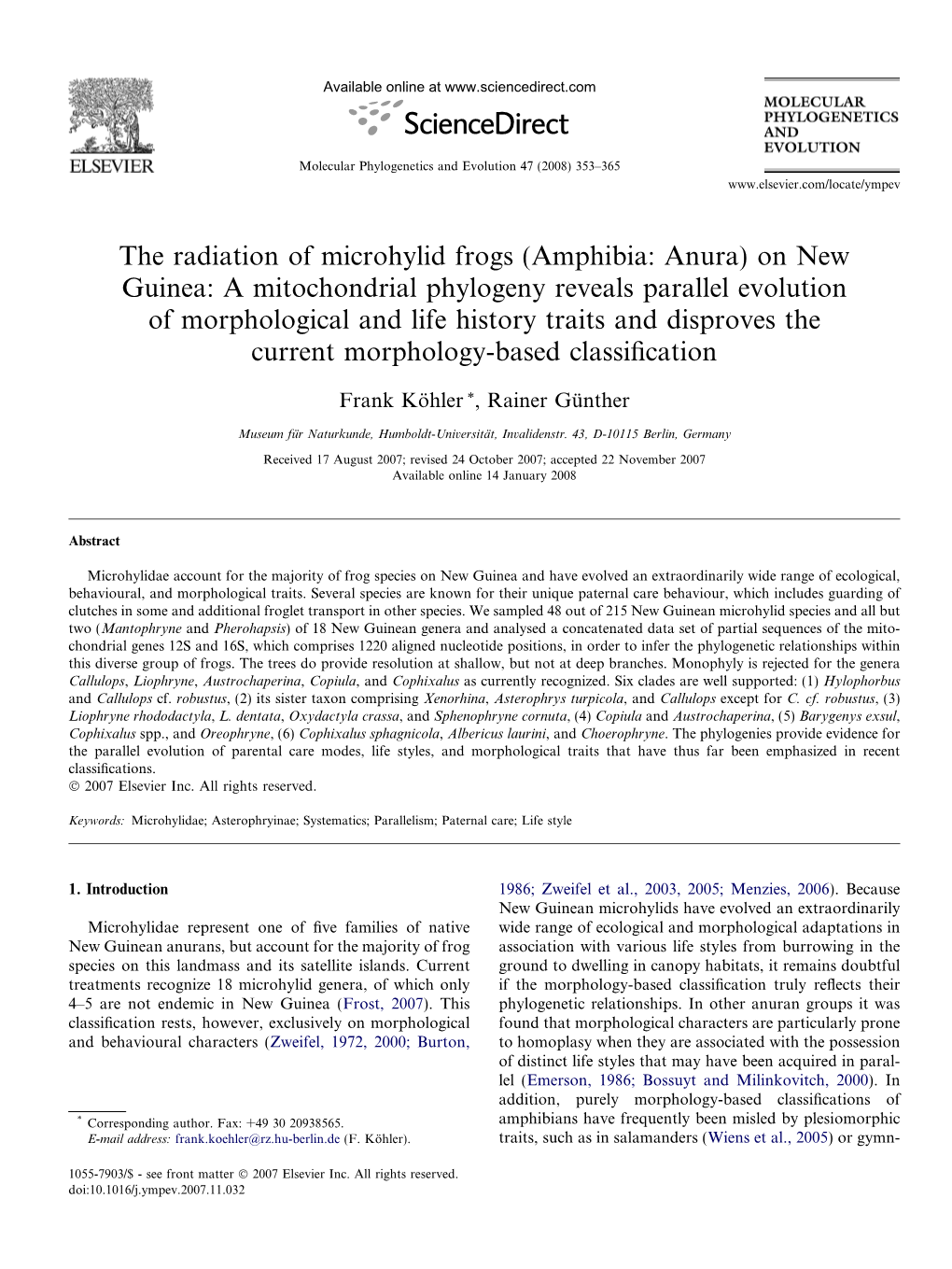 (Amphibia: Anura) on New Guinea: a Mitochondrial Phylogeny Reveals Parallel Evolution of Morph