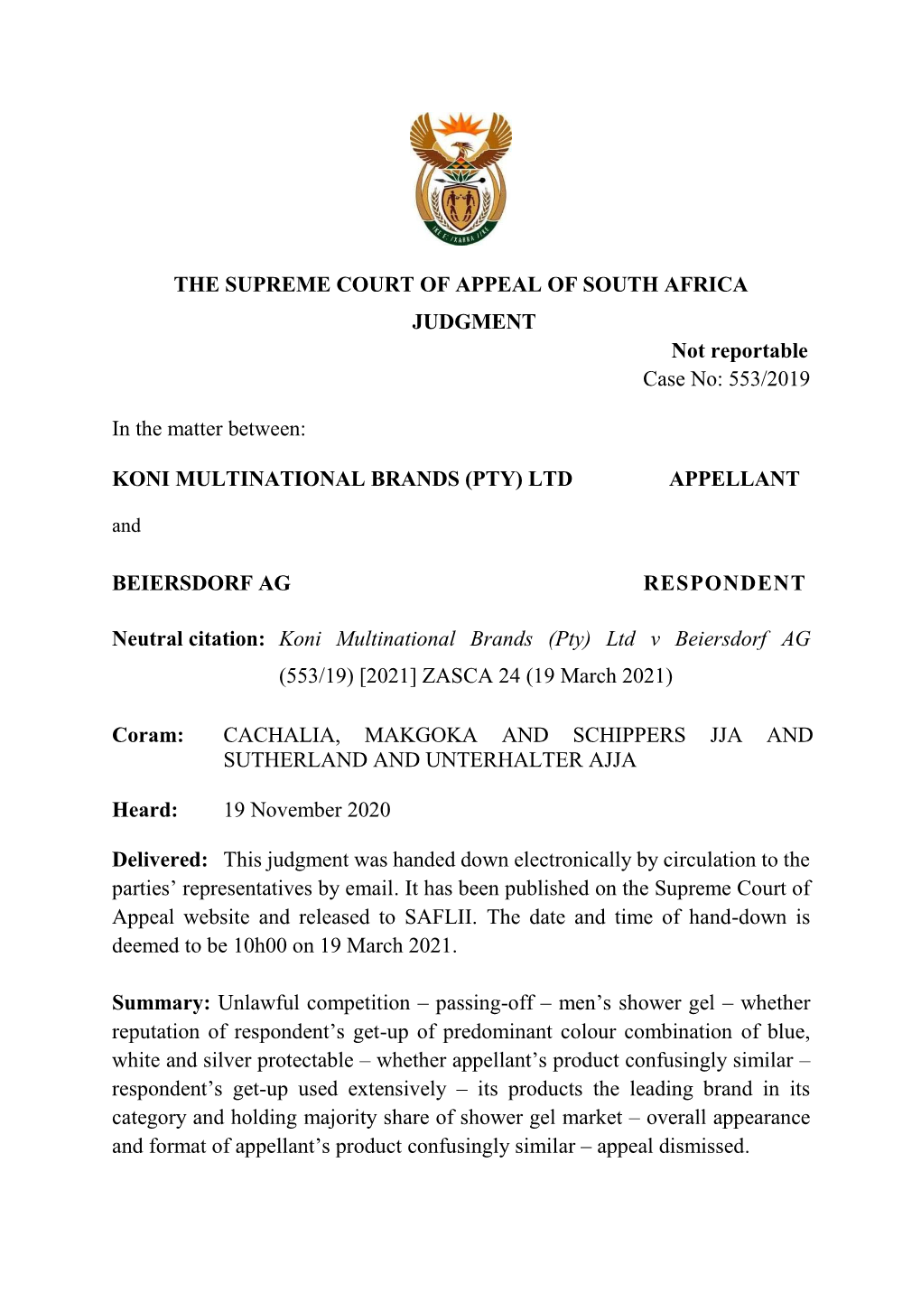 THE SUPREME COURT of APPEAL of SOUTH AFRICA JUDGMENT Not Reportable Case No: 553/2019