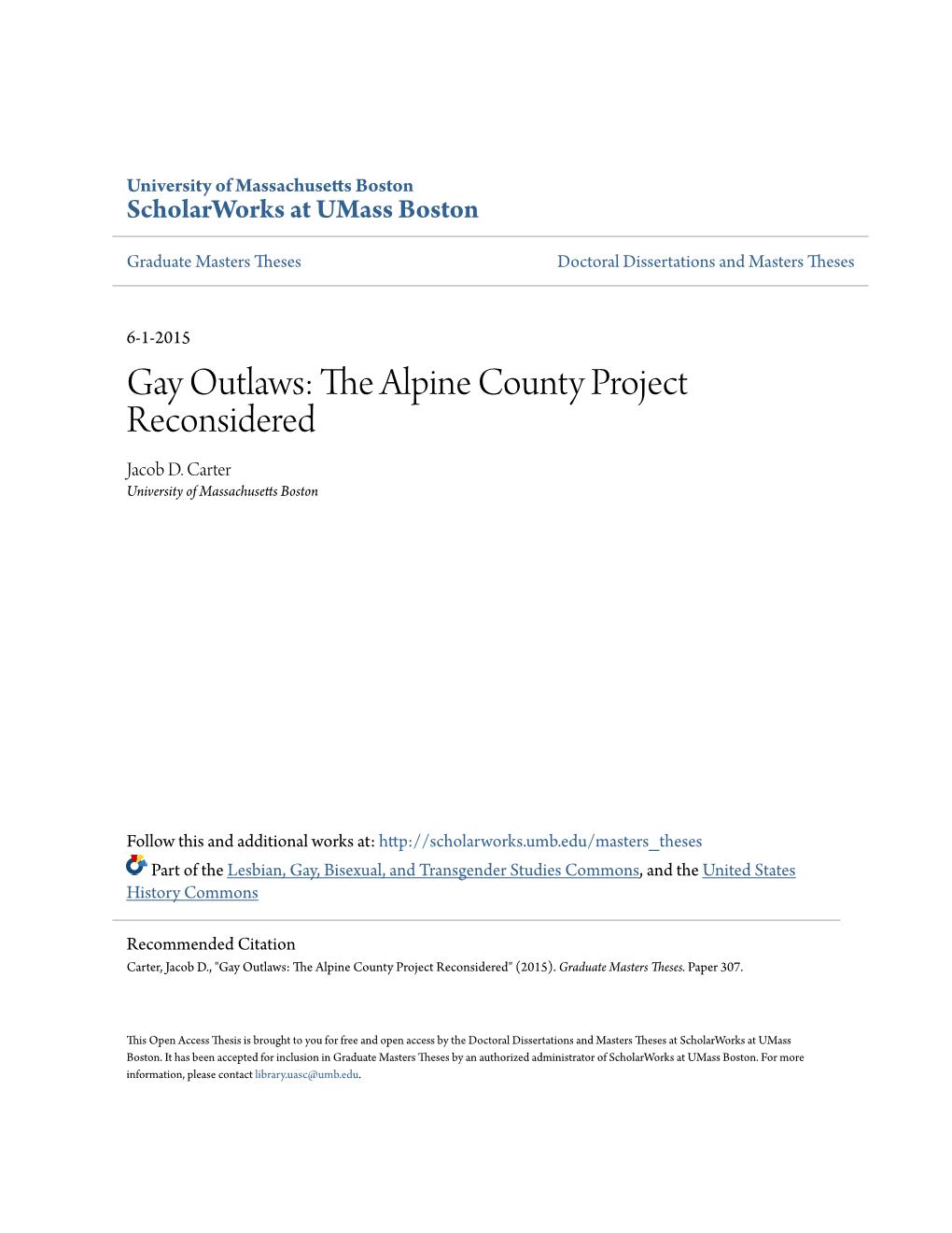 Gay Outlaws: the Alpine County Project Reconsidered Jacob D