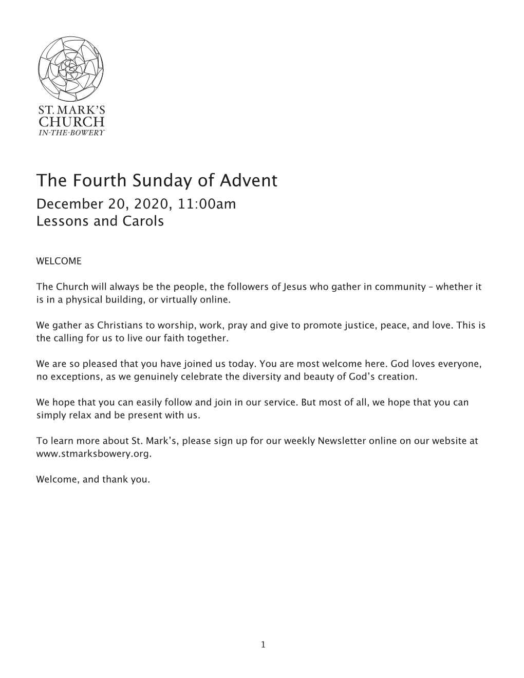 The Fourth Sunday of Advent December 20, 2020, 11:00Am Lessons and Carols