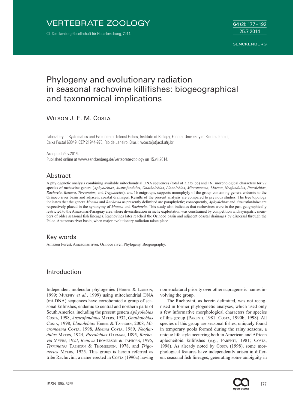 Phylogeny and Evolutionary Radiation in Seasonal Rachovine Killifishes: Biogeographical and Taxonomical Implications