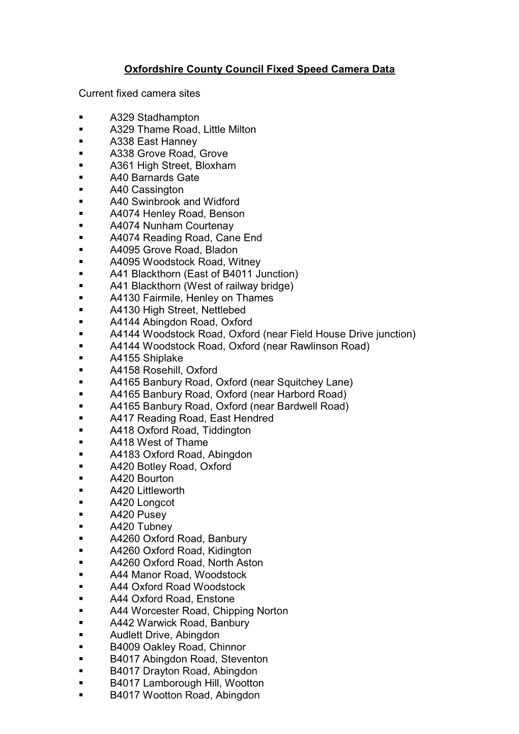 Oxfordshire Coutny Council Fixed Speed Camera Data