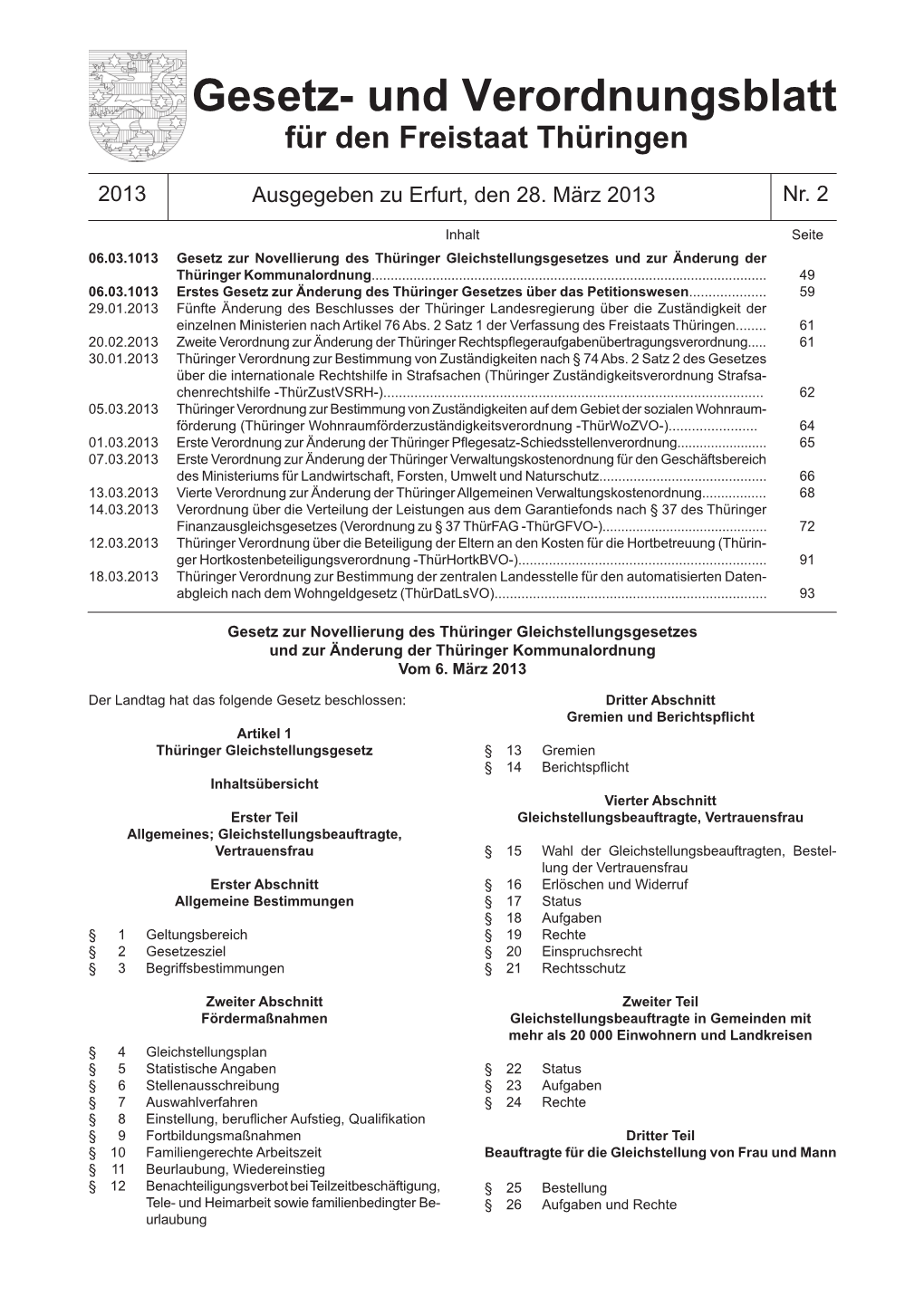 Gesetz- Und Verordnungsblatt Für Den Freistaats Thüringen