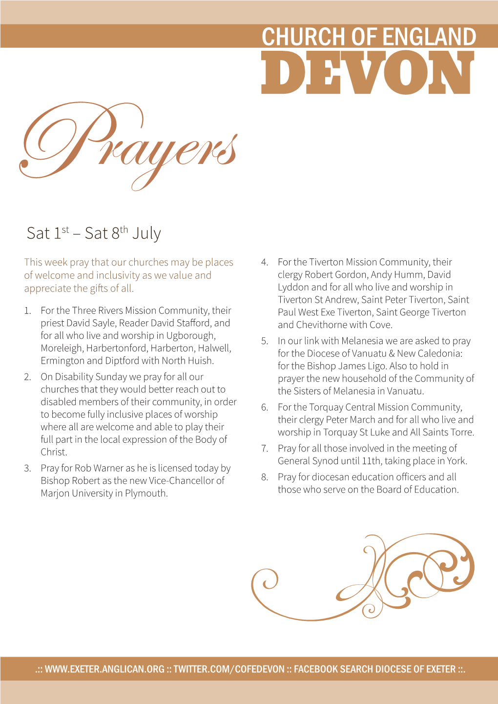 CHURCH of ENGLAND DEVON Prayers Sat 1St – Sat 8Th July