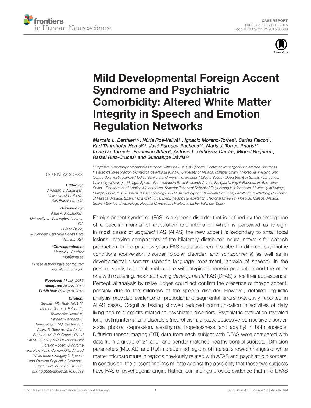 Mild Developmental Foreign Accent Syndrome and Psychiatric Comorbidity: Altered White Matter Integrity in Speech and Emotion Regulation Networks