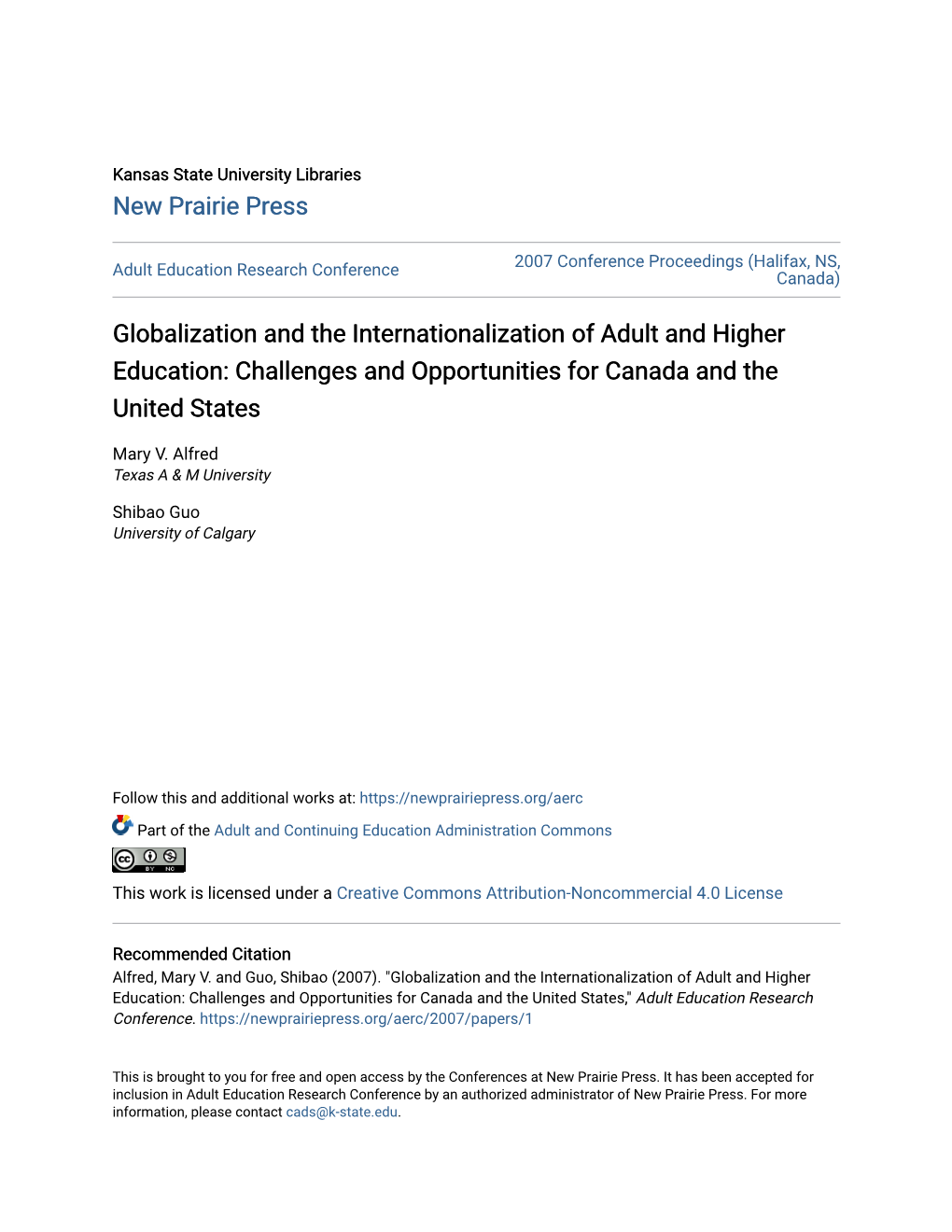 Globalization and the Internationalization of Adult and Higher Education: Challenges and Opportunities for Canada and the United States