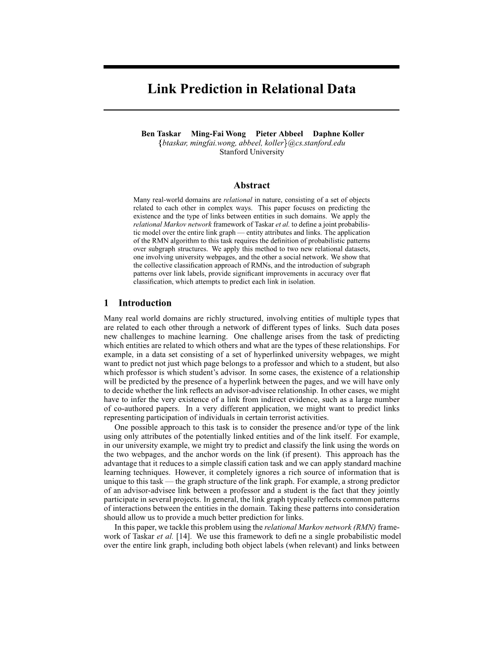 Link Prediction in Relational Data