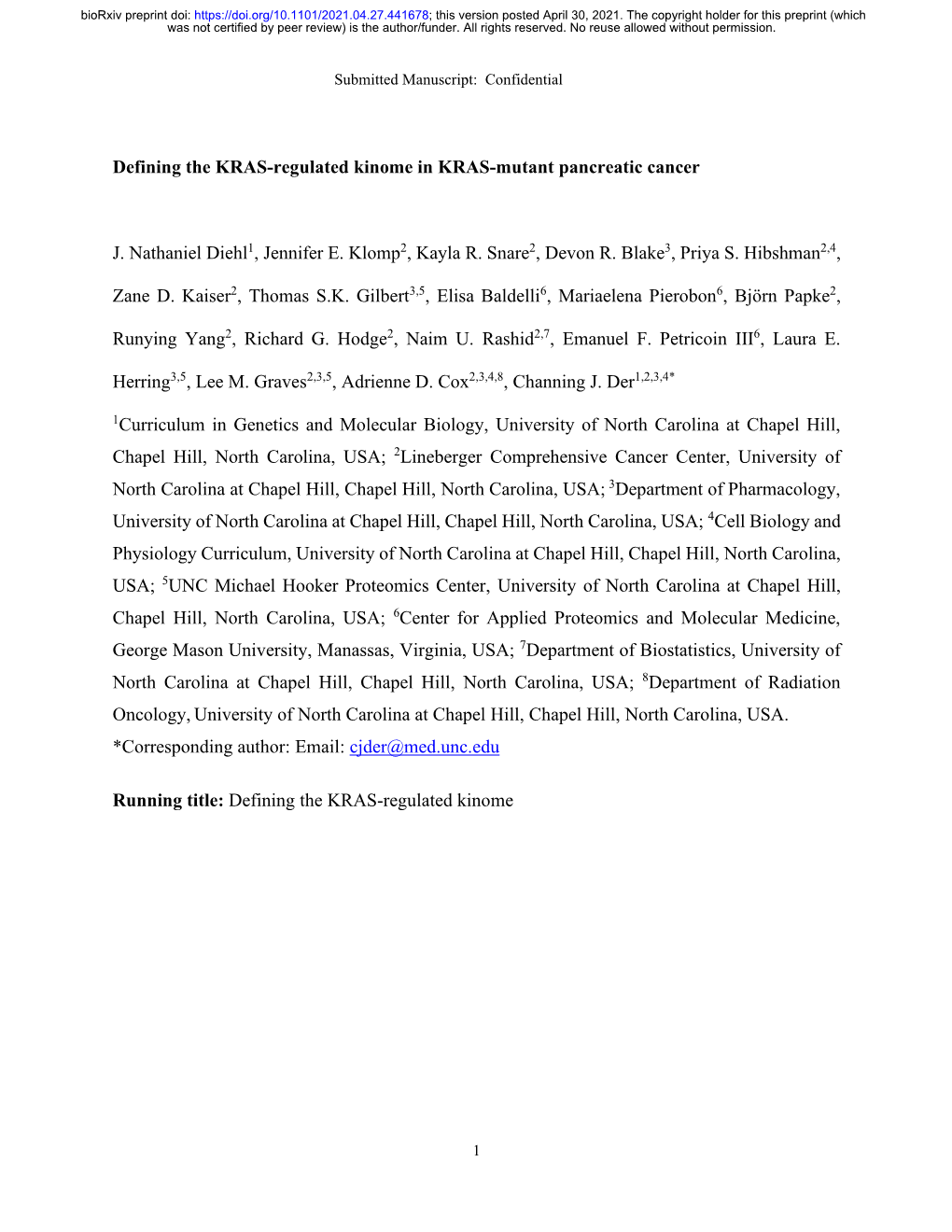 Defining the KRAS-Regulated Kinome in KRAS-Mutant Pancreatic Cancer