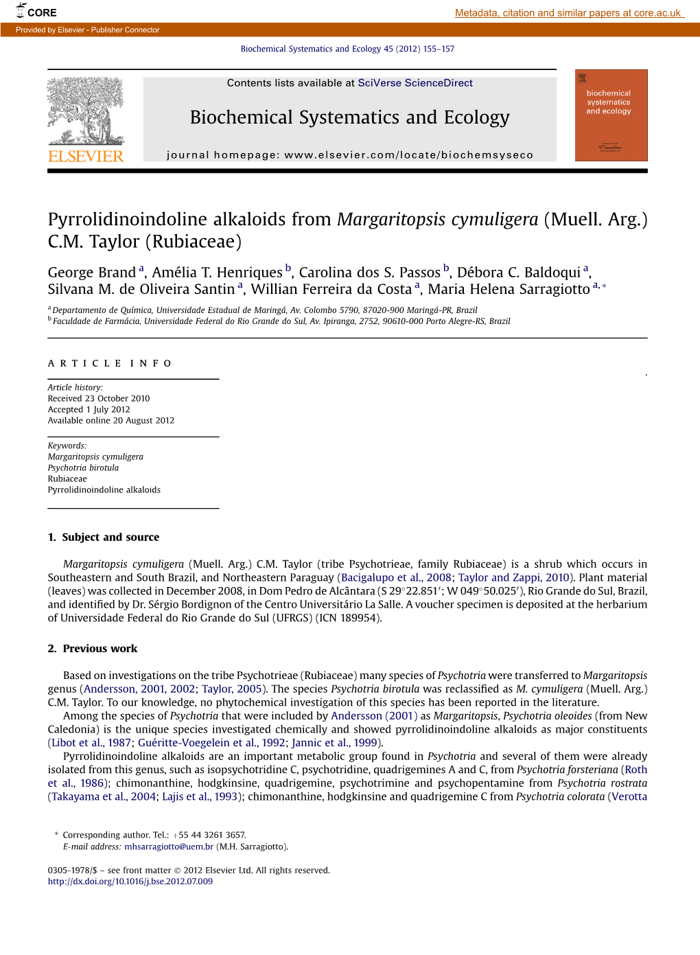 Pyrrolidinoindoline Alkaloids from Margaritopsis Cymuligera (Muell