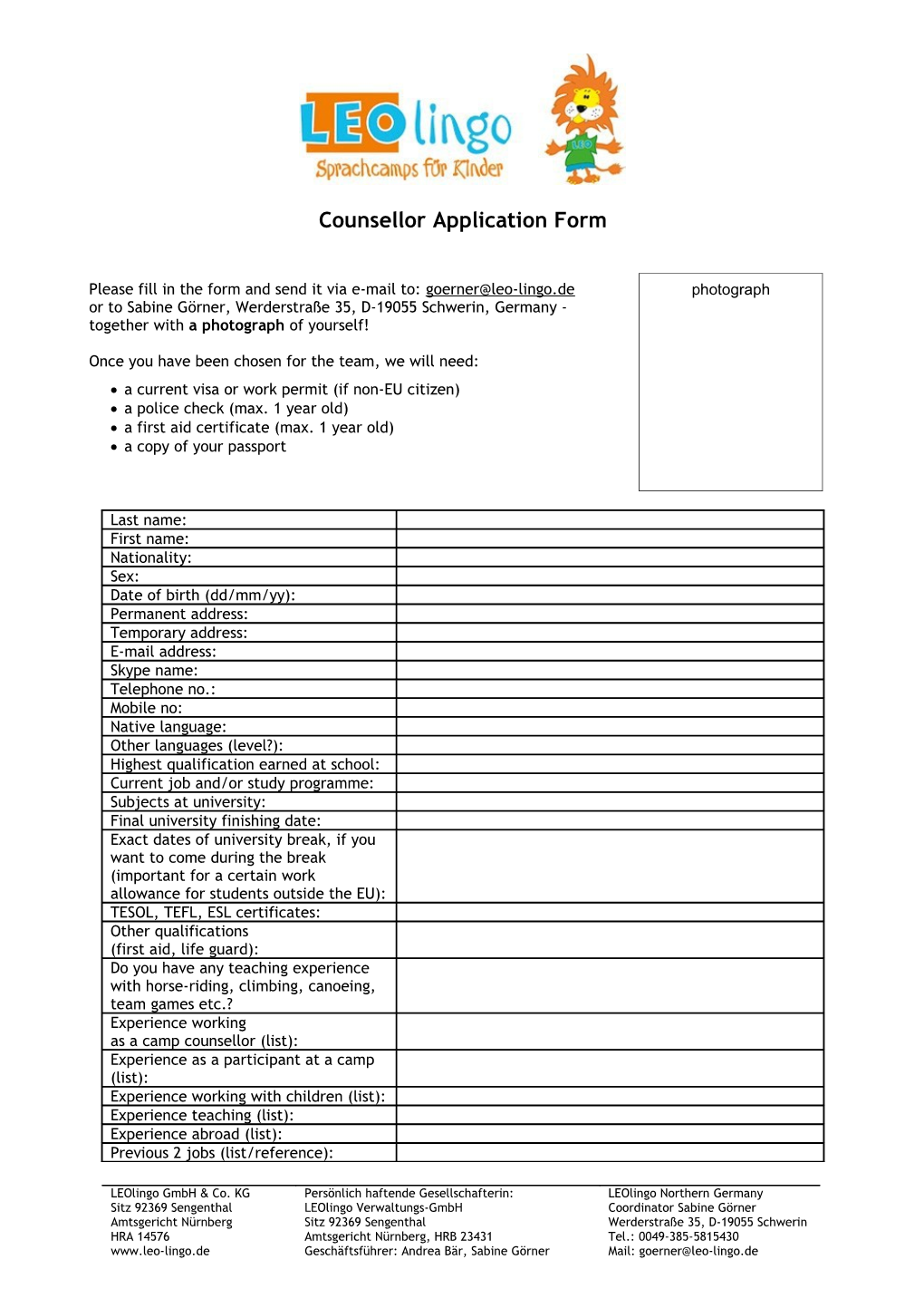 Counsellor Application Form