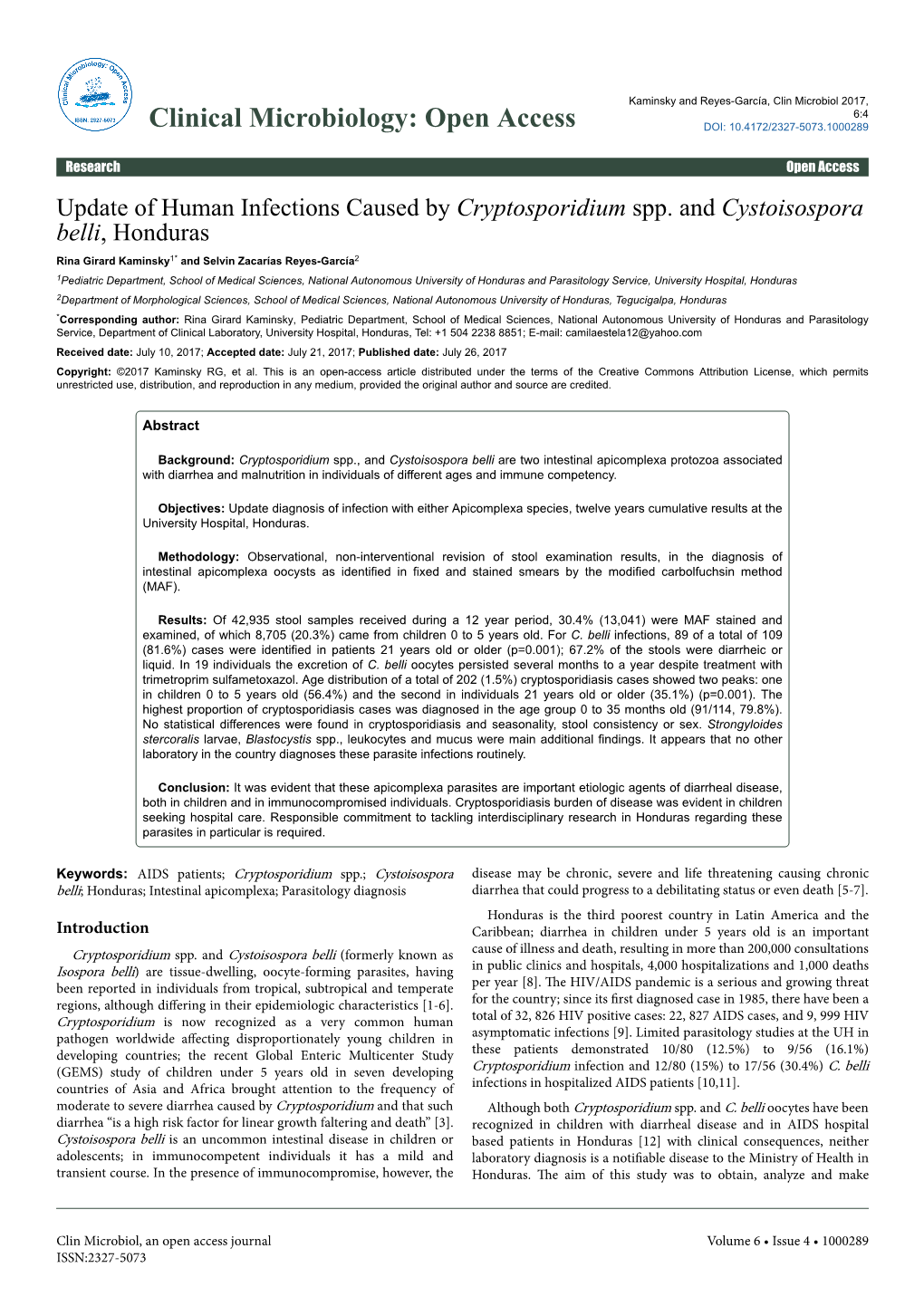 Update of Human Infections Caused by Cryptosporidium Spp. And