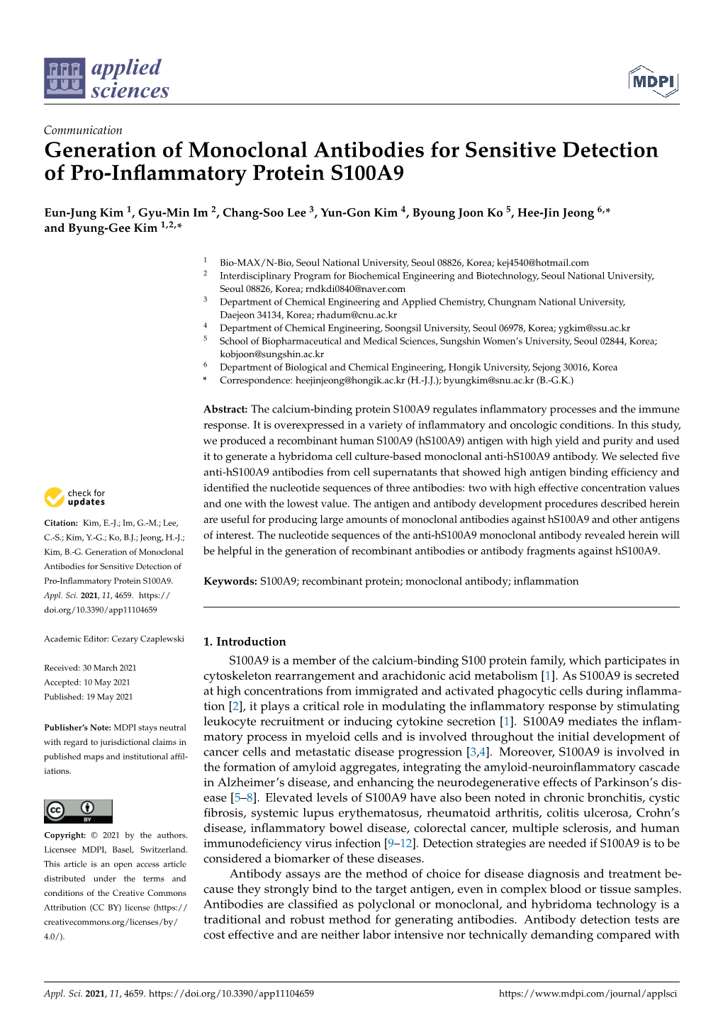 Generation of Monoclonal Antibodies for Sensitive Detection of Pro-Inﬂammatory Protein S100A9