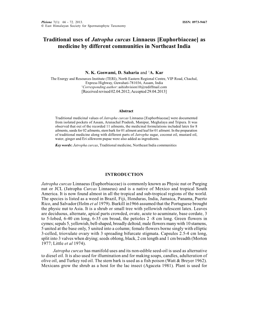 Traditional Medicinal Use of Jatropha in NE India