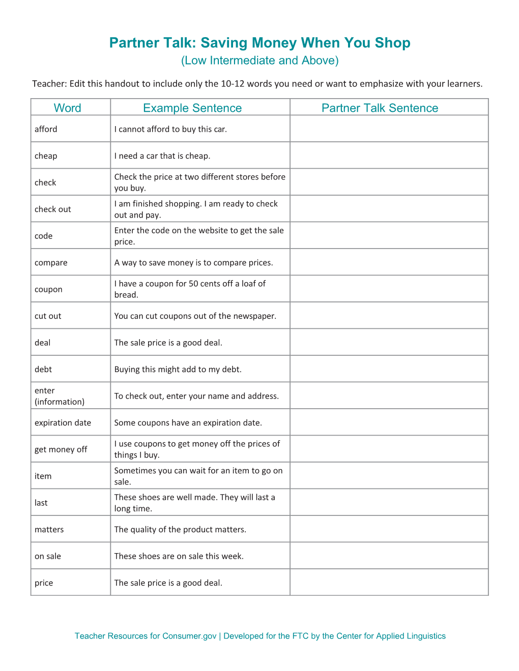 Consumer.Gov Lesson Materials: Saving Money When You Shop