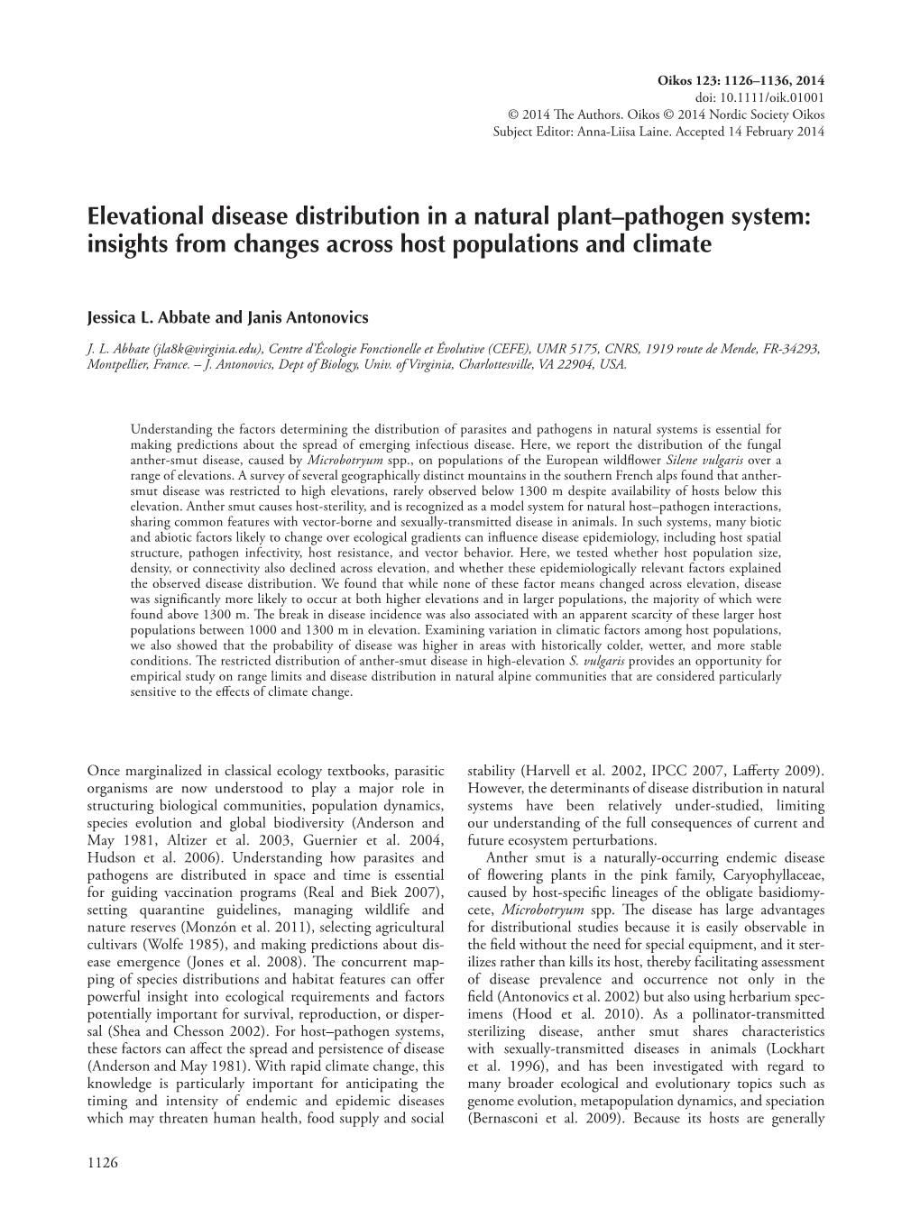 Elevational Disease Distribution in a Natural Plant– Pathogen System: Insights from Changes Across Host Populations and Climate