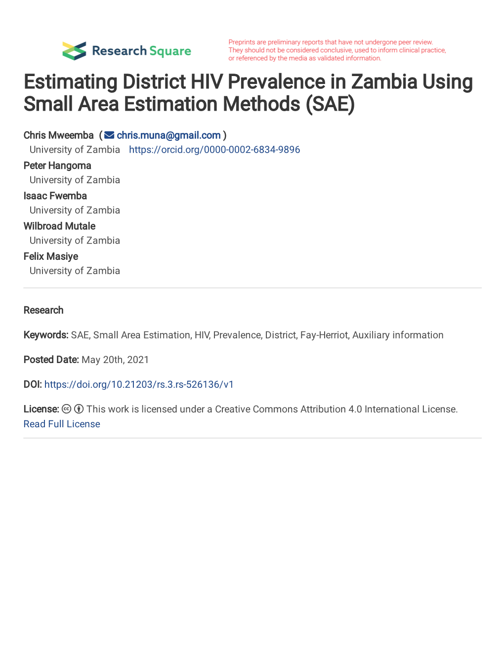 Estimating District HIV Prevalence in Zambia Using Small Area Estimation Methods (SAE)