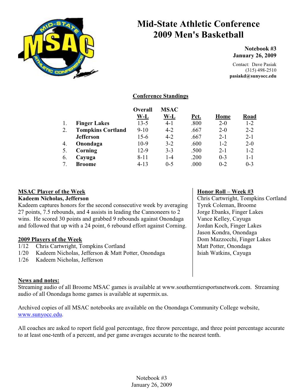 Mid-State Athletic Conference 2009 Men's Basketball