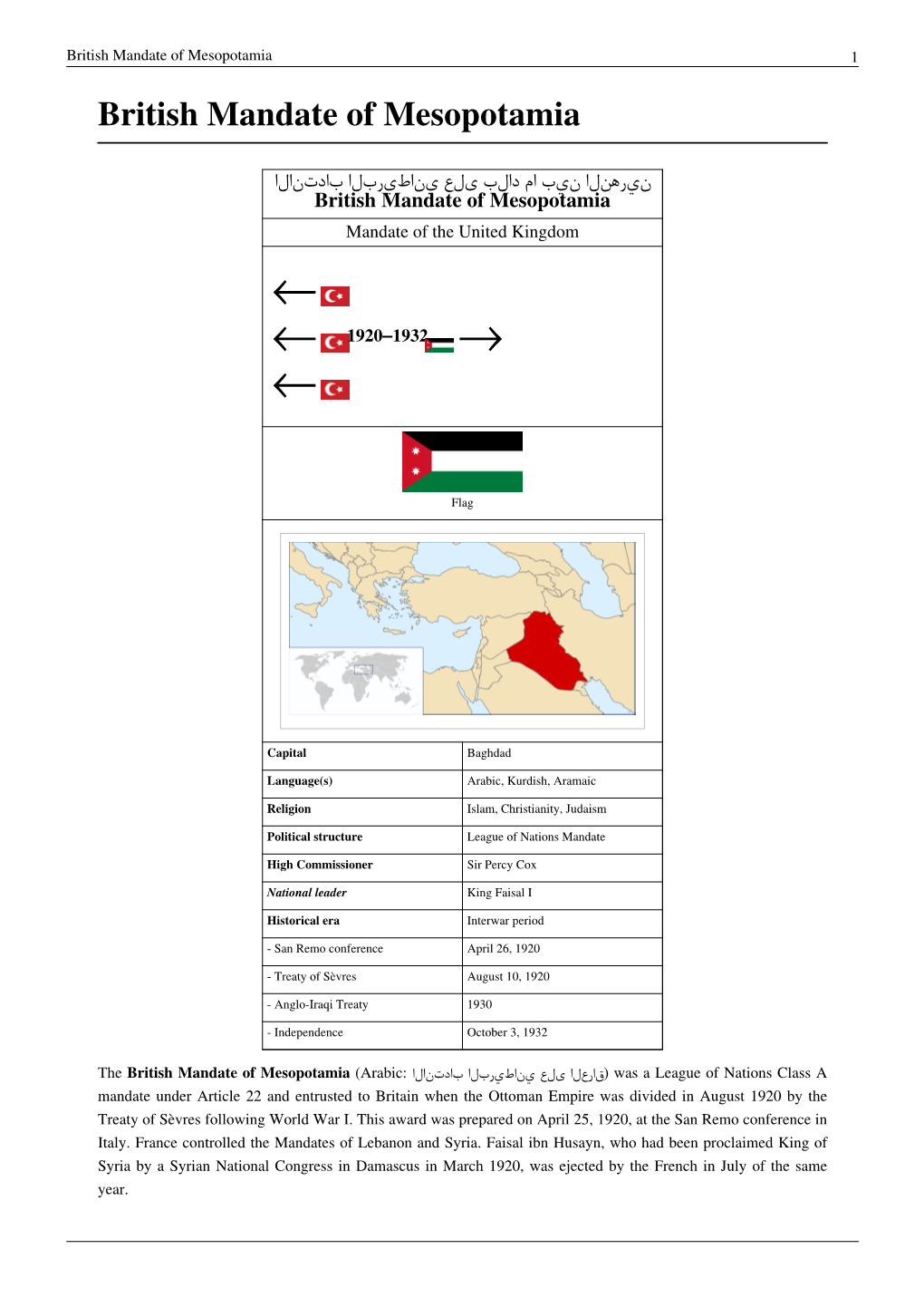 British Mandate of Mesopotamia 1 British Mandate of Mesopotamia