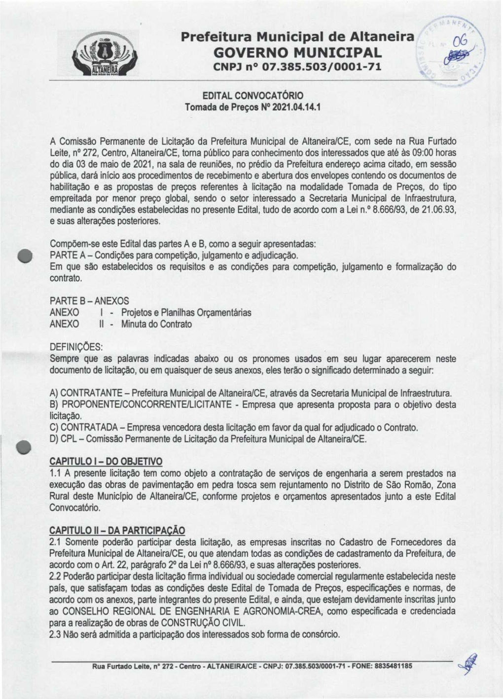 Prefeitura Municipal De Altaneira GOVERNO MUNICIPAL CNPJ N° 07.385.503/0001-71