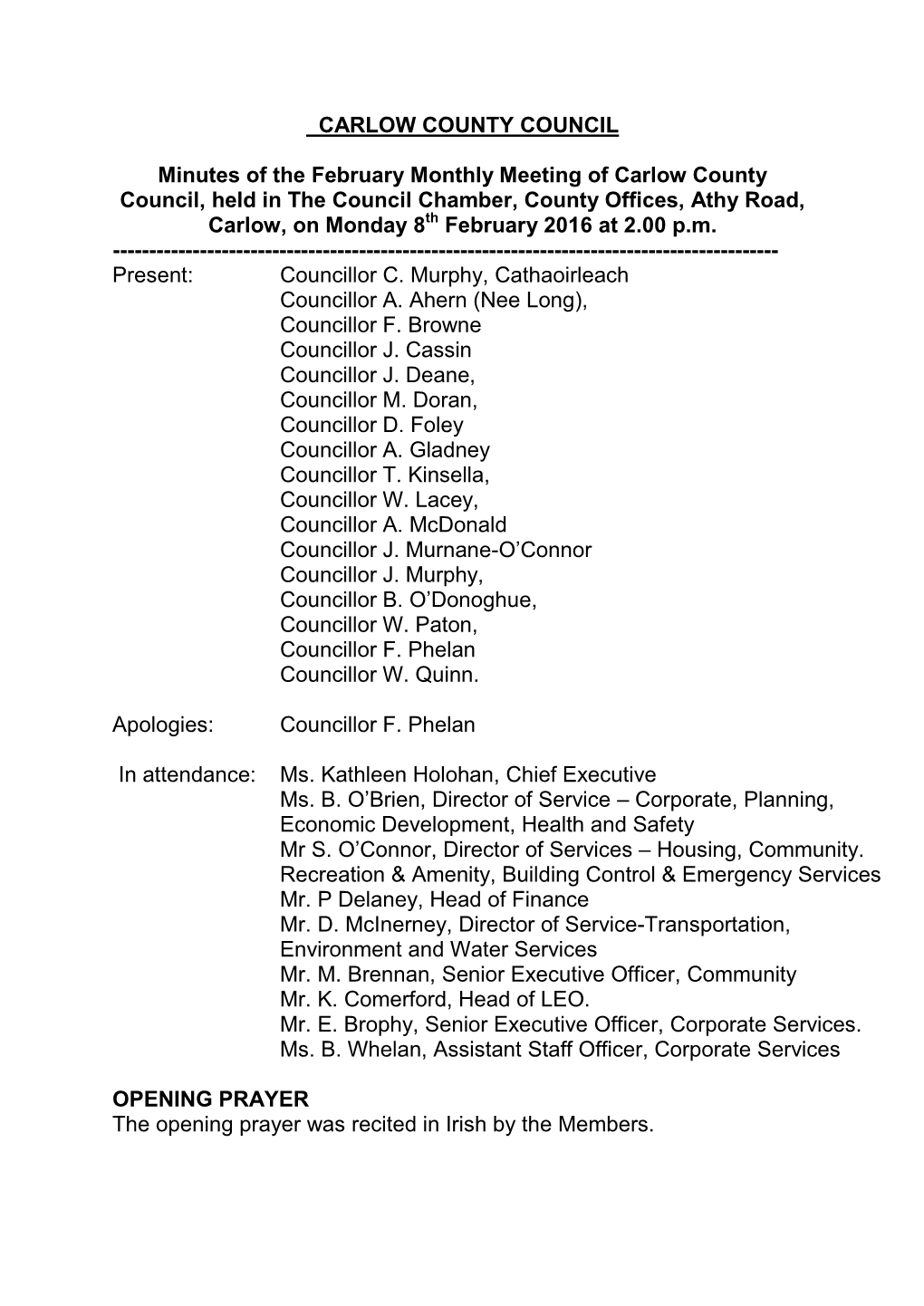 Minutes Carlow County Council February 2016